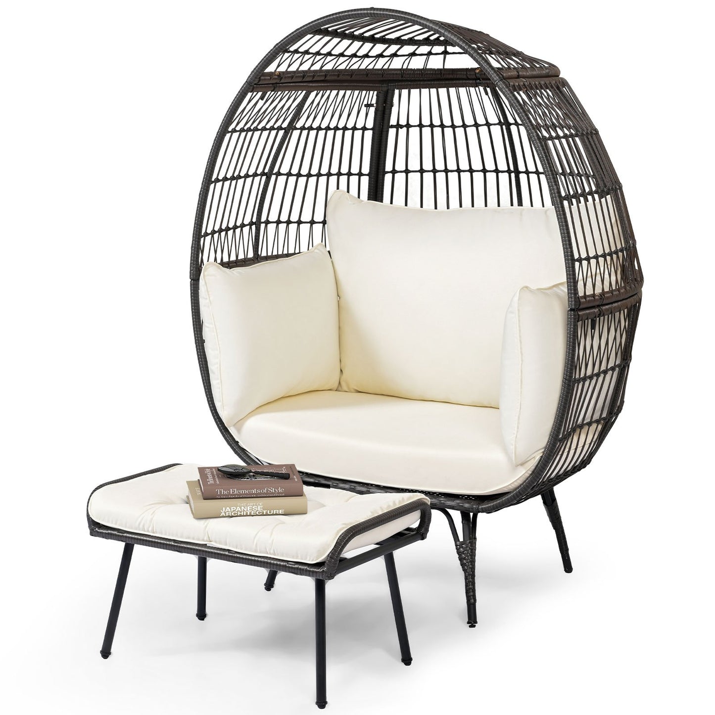 LIVSK Loungestoel en Ottoman Set - Ruim Zitvlak 110 cm - Draagvermogen 205 kg - Duurzaam PE-rattan - Off-white Kussens - Mix bruin
