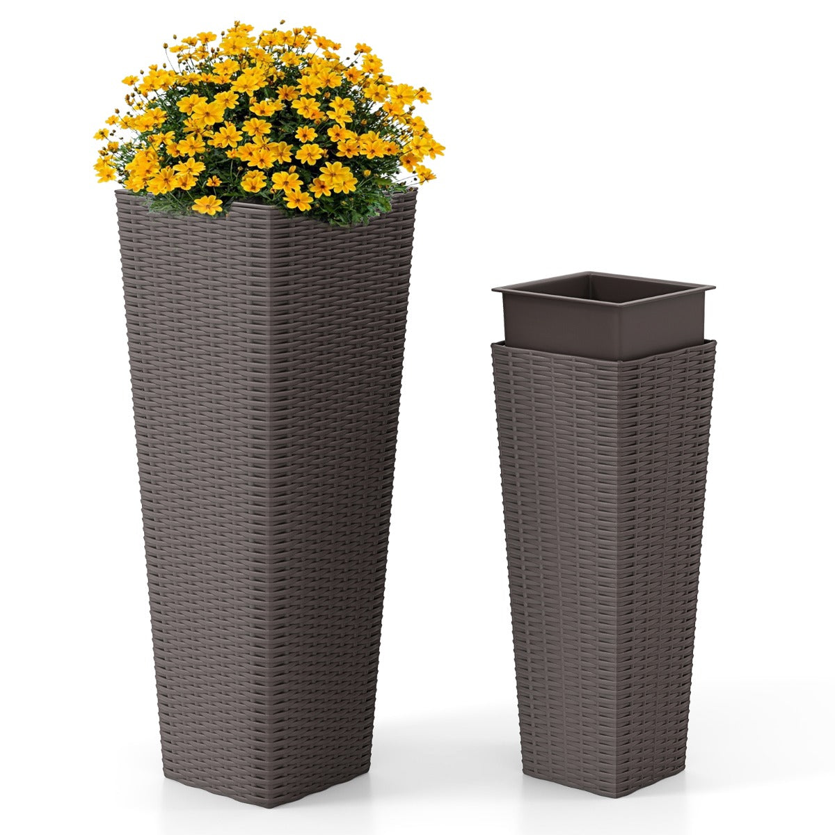 LIVSK Set van 2 Rieten Plantenbakken - Weerbestendig en Kleurvast - Uitneembare Binnenpotten - Drainagegaten - Koffie