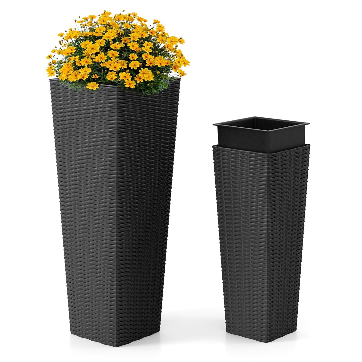 LIVSK Set van 2 Rieten Plantenbakken - Stapelbaar met Uitneembare Binnenpot - Weerbestendig - Voor Binnen en Buiten - Zwart