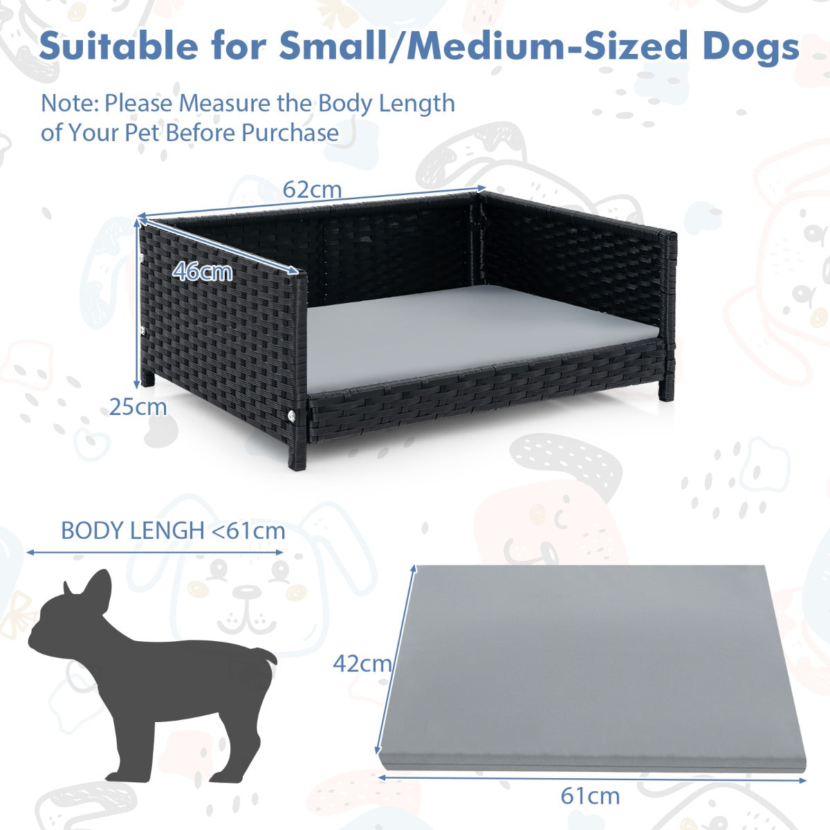 LIVSK Rieten Hondenbed - Waterdicht en Afneembaar Kussen - Geschikt voor Kleine en Middelgrote Honden - 62 x 46 x 25 cm - Grijs