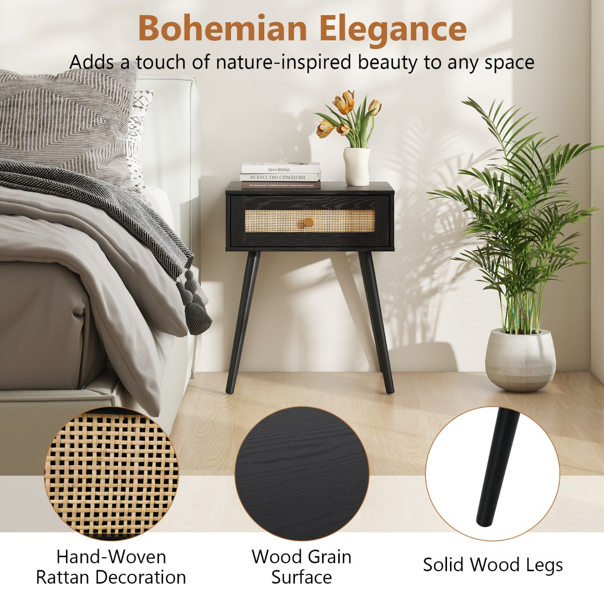 LIVSK Bohemian Nachtkastje - Handgeweven Rotan - Ruime Lade - Massief Houten Poten - Voor Slaapkamer en Woonkamer - Zwart