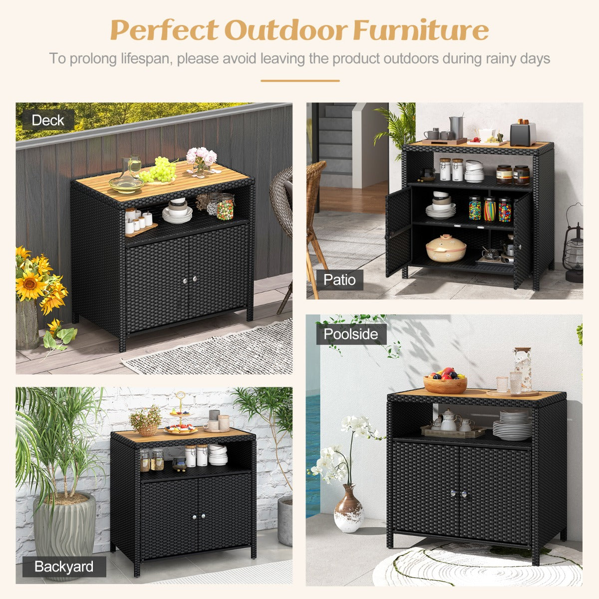 LIVSK Rotan Opbergkast Buiten - Met Natuurlijke Acaciahouten Blad - Stevig Metalen Frame - Tot 90 kg - Voor Terras en Tuin - Bruin