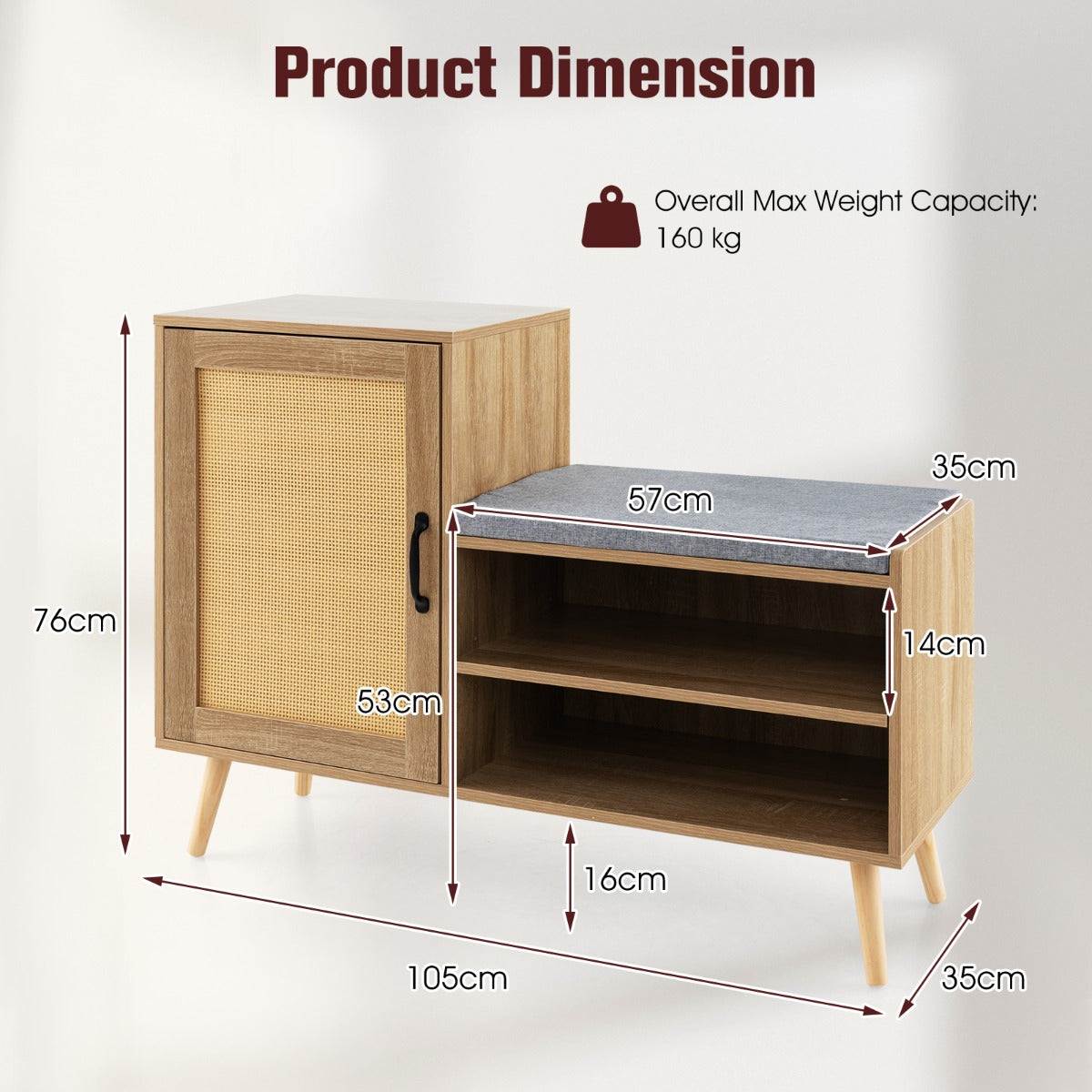 LIVSK 2-in-1 Schoenenkast met Bankje - Verstelbare Planken - Gewatteerd Kussen - Max 160 kg - 105 x 35 x 76 cm - Natuurlijk