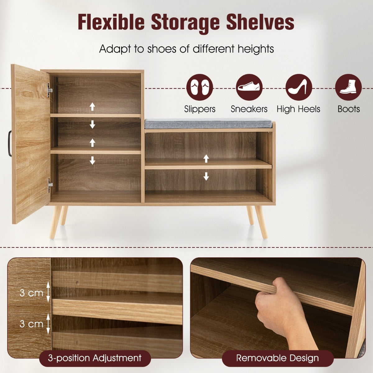 LIVSK 2-in-1 Schoenenkast met Bankje - Verstelbare Planken - Gewatteerd Kussen - Max 160 kg - 105 x 35 x 76 cm - Natuurlijk