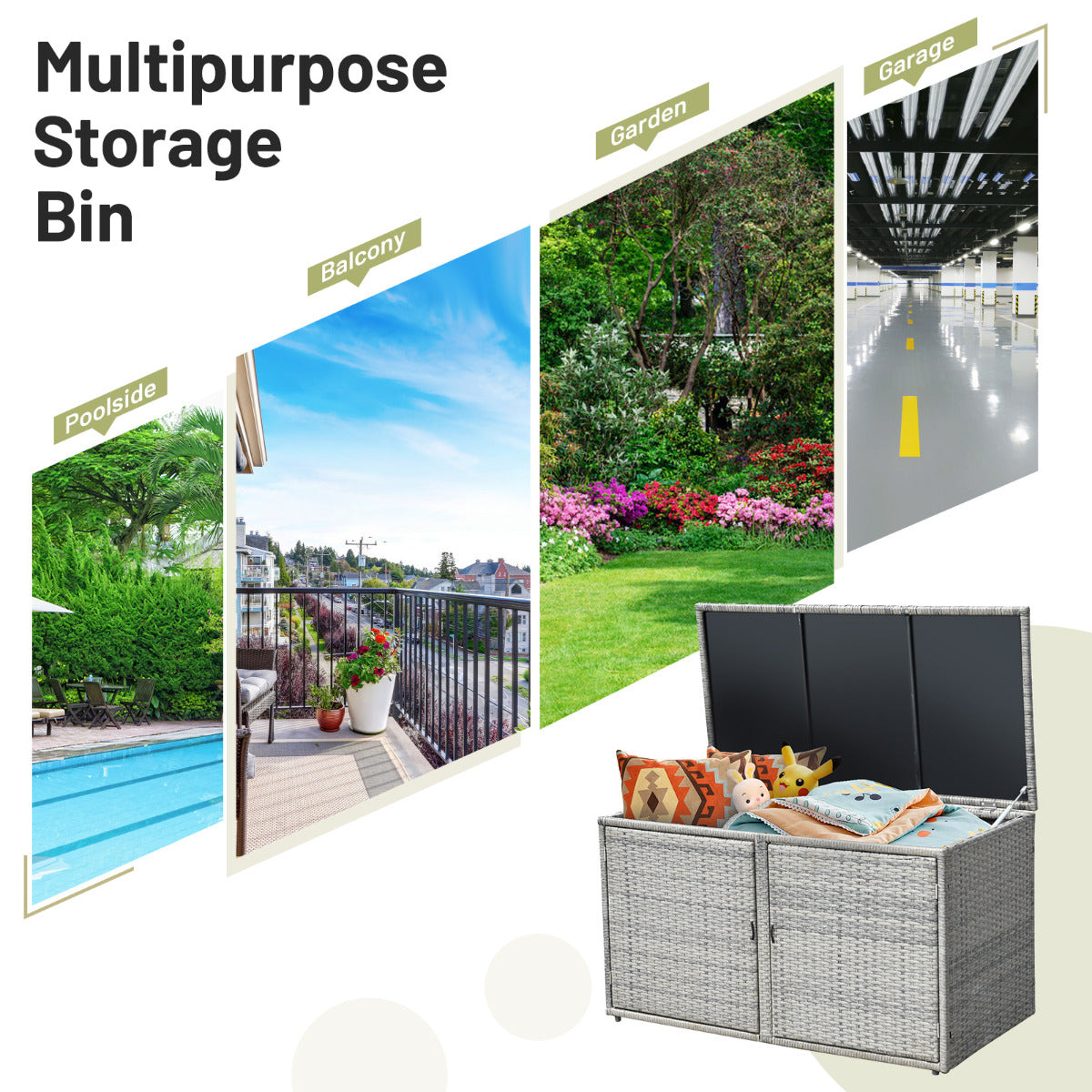 LIVSK Weerbestendige Tuinkist - 335L Opbergbox met 2 Planken - Stalen Frame - Modern Design - Eenvoudige Montage - Grijs