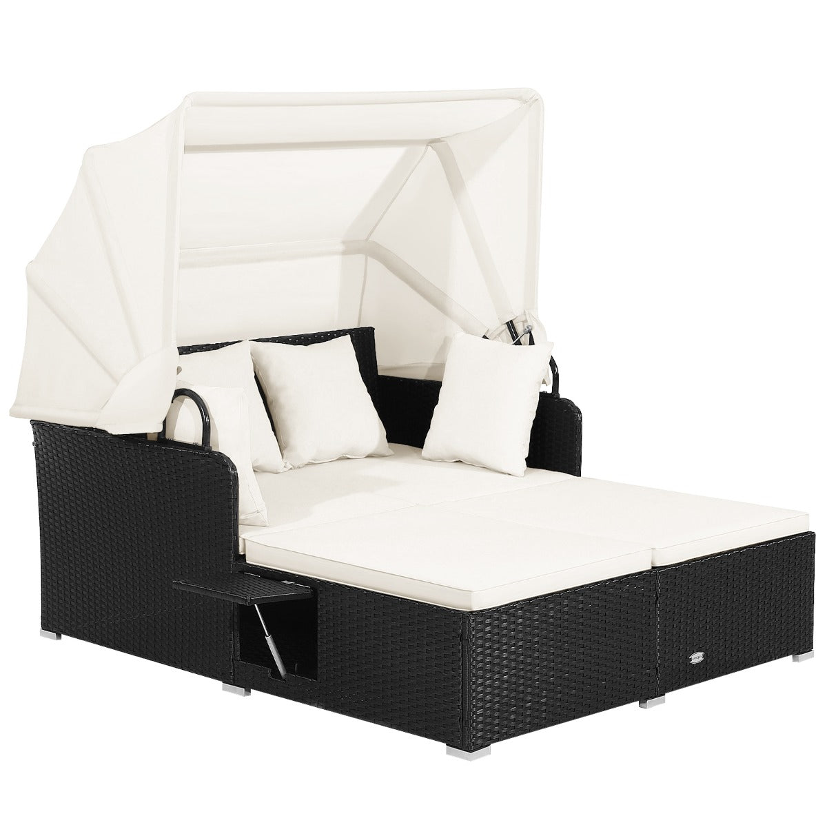 LIVSK Rotan Daybed - Luxe Loungen met Intrekbare Luifel - Opklapbare Dienbladen - Stevig Metaal - 165 x 153 x 138 cm - Zwart/Wit