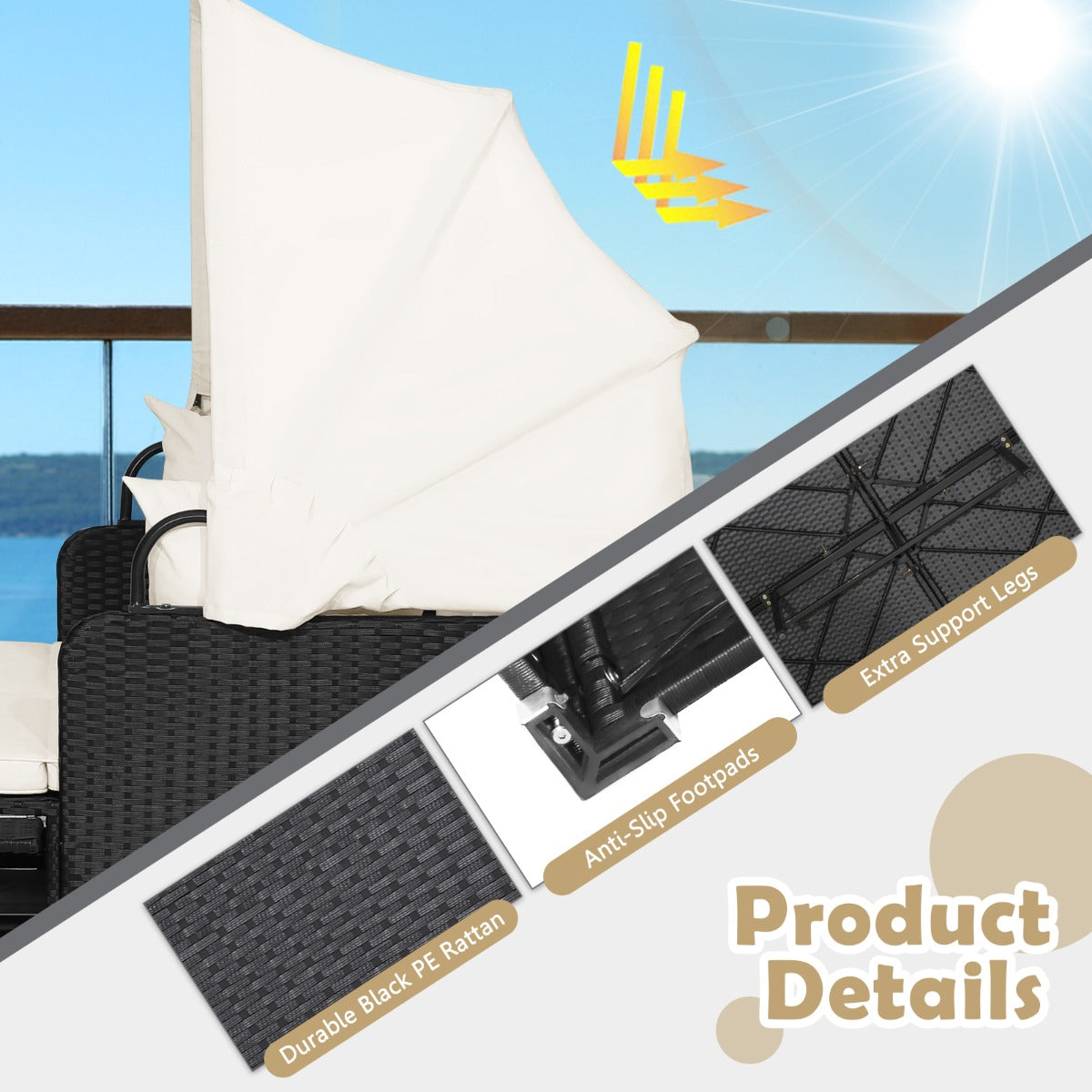 LIVSK Rotan Daybed - Luxe Loungen met Intrekbare Luifel - Opklapbare Dienbladen - Stevig Metaal - 165 x 153 x 138 cm - Zwart/Wit