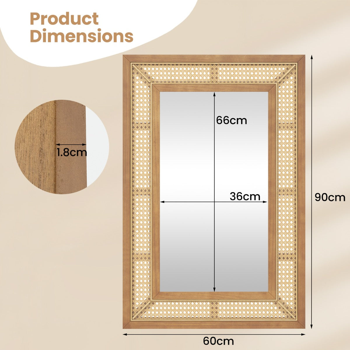 LIVSK Rotan Wandspiegel - Boho-Design - Houten Frame - 90 x 60 cm - HD-Aluminiumspiegel - Natuurlijk