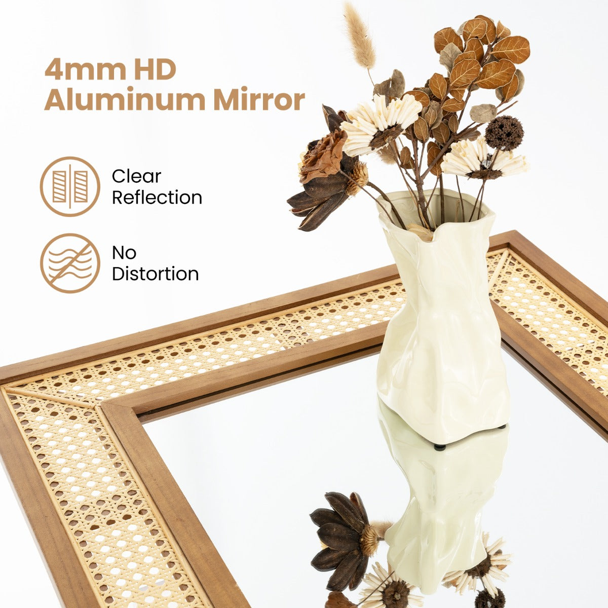 LIVSK Rotan Wandspiegel - Boho-Design - Houten Frame - 90 x 60 cm - HD-Aluminiumspiegel - Natuurlijk
