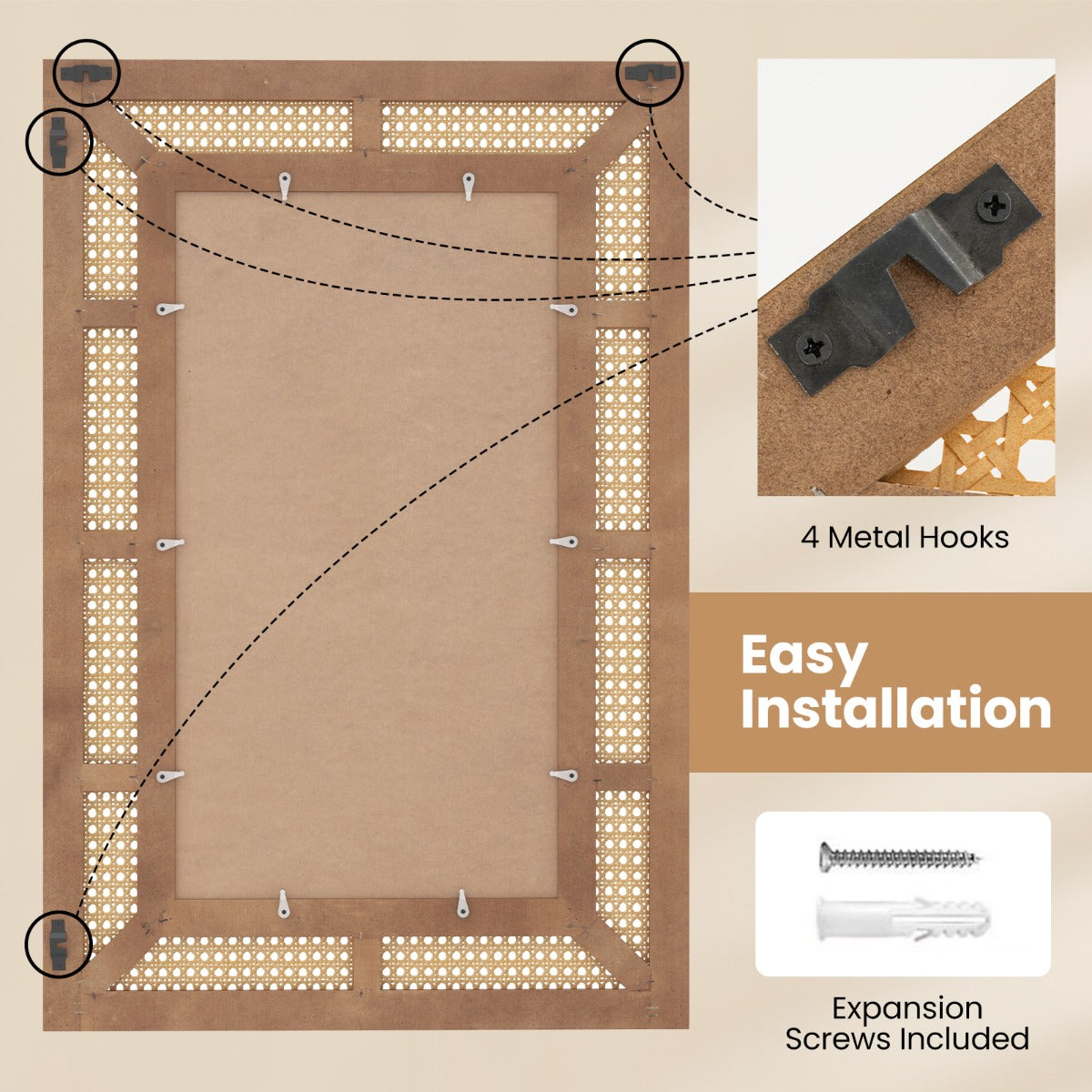 LIVSK Rotan Wandspiegel - Boho-Design - Houten Frame - 90 x 60 cm - HD-Aluminiumspiegel - Natuurlijk