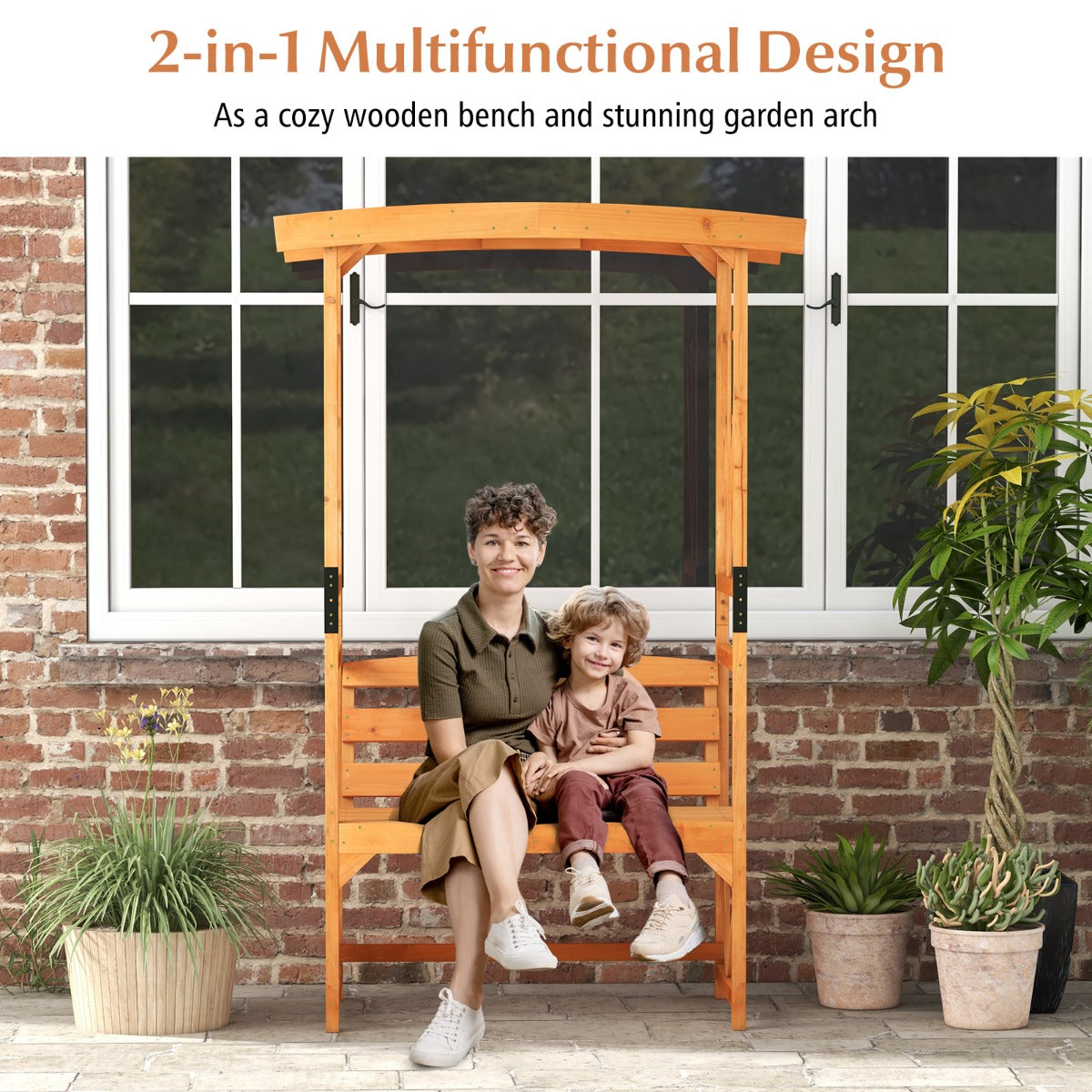 LIVSK Patio Tuinbankboog met Bank - Voor 2 Personen - Duurzaam Sparrenhout - Ruimte voor Klimplanten - 120 x 58 x 189 cm - Naturel