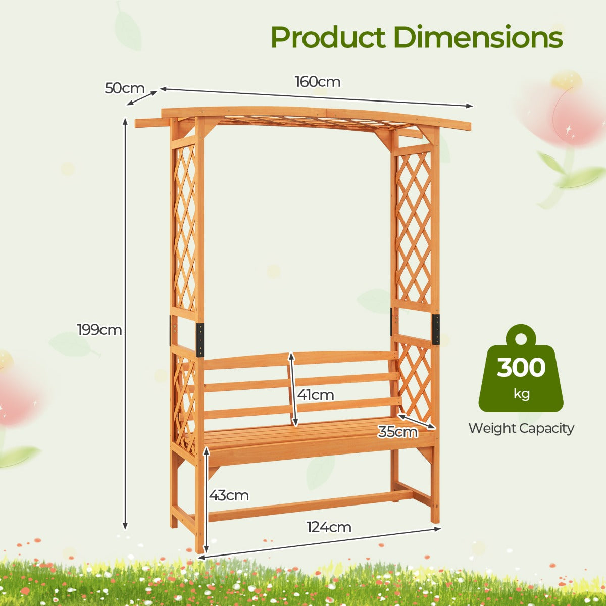 LIVSK Patio Tuinbankboog - 2-in-1 Zitbank en Klimboog - Duurzaam Sparrenhout - Voor 2 Personen - 160 x 50 x 199 cm - Natuurlijk