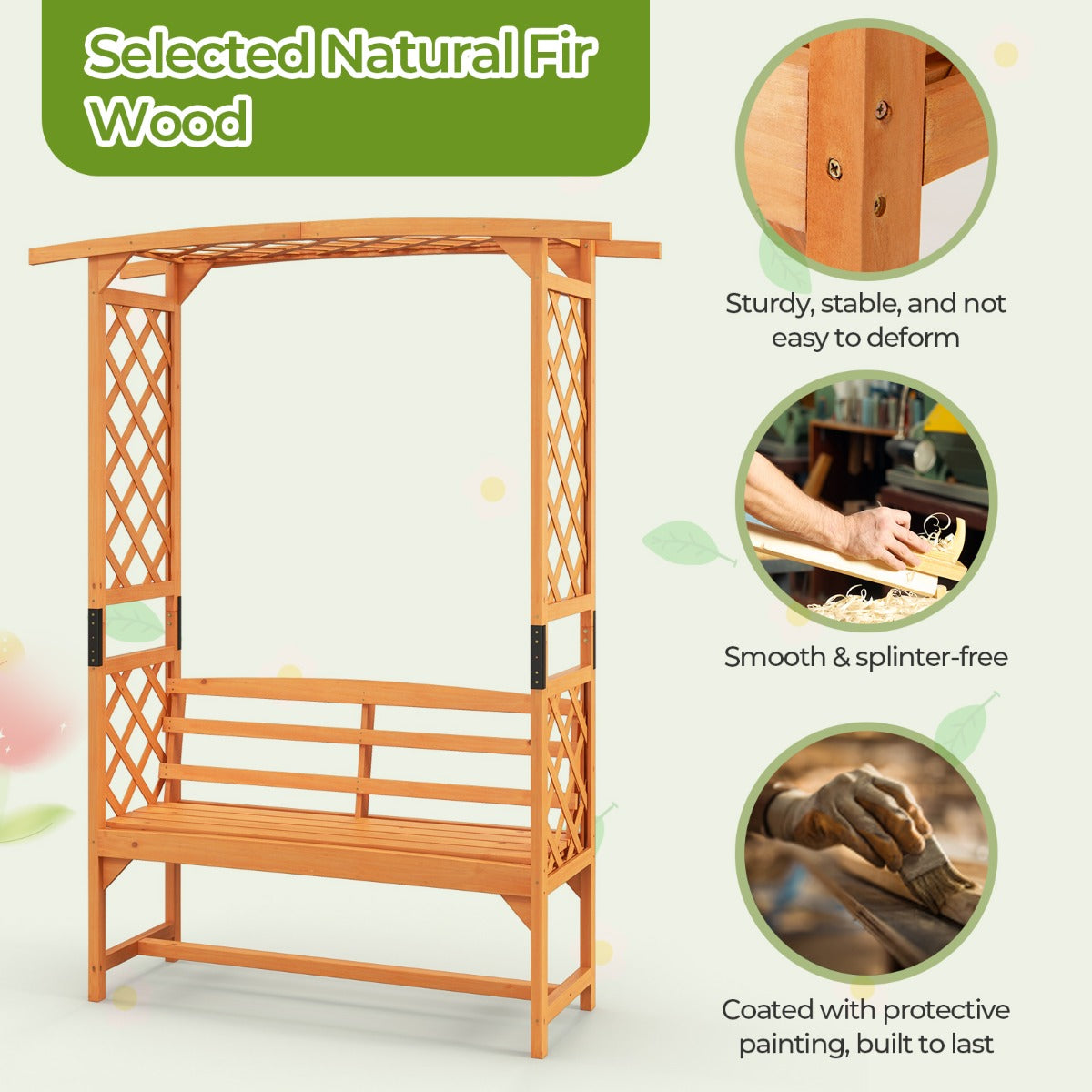 LIVSK Patio Tuinbankboog - 2-in-1 Zitbank en Klimboog - Duurzaam Sparrenhout - Voor 2 Personen - 160 x 50 x 199 cm - Natuurlijk