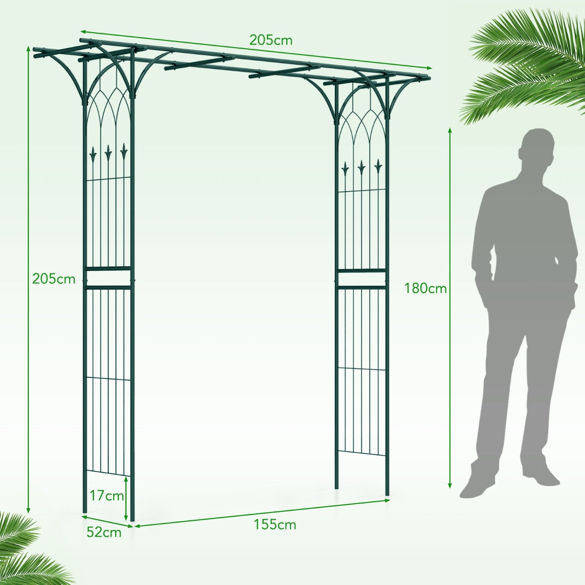LIVSK Metalen Tuinboog - Weerbestendig en Roestvrij - Eenvoudig te Monteren - Veelzijdig Versierbaar - 205 x 52 x 205 cm - Groen