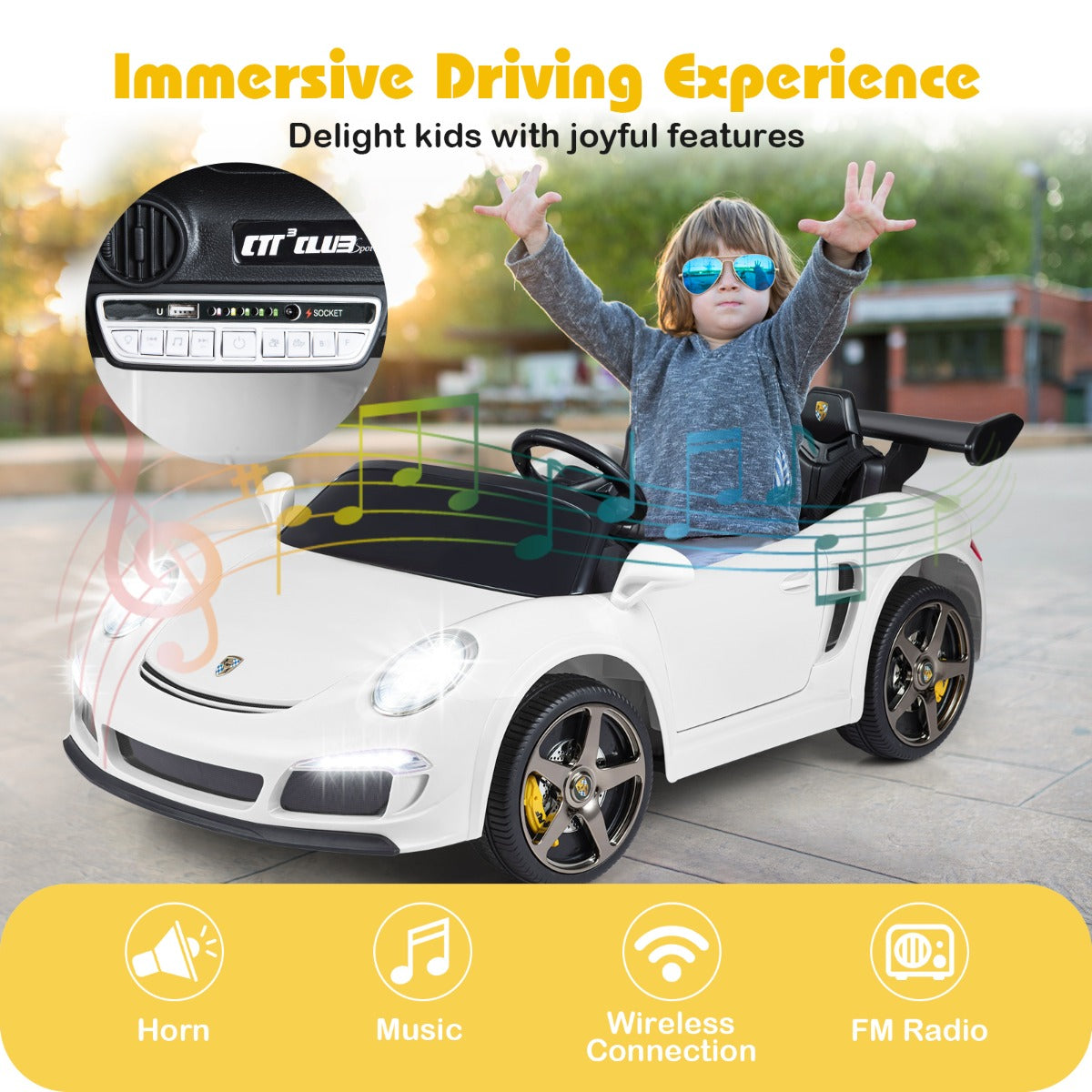 Livsk costway ruf elektrische auto voor kinderen 12 v met afstandsbediening ledverlichting muziek en draadloze connectiviteit