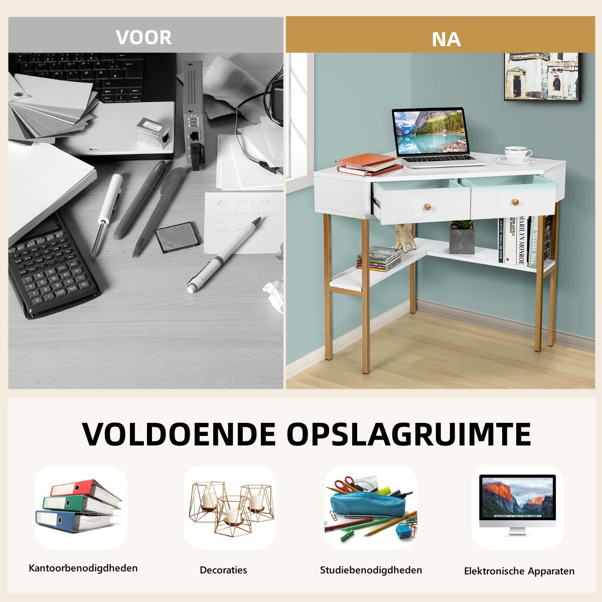 LIVSK Ruimtebesparend Hoekbureau met 2 Lades - Stabiele Stalen Poten - Efficiënt voor Kleine Kamers - Wit