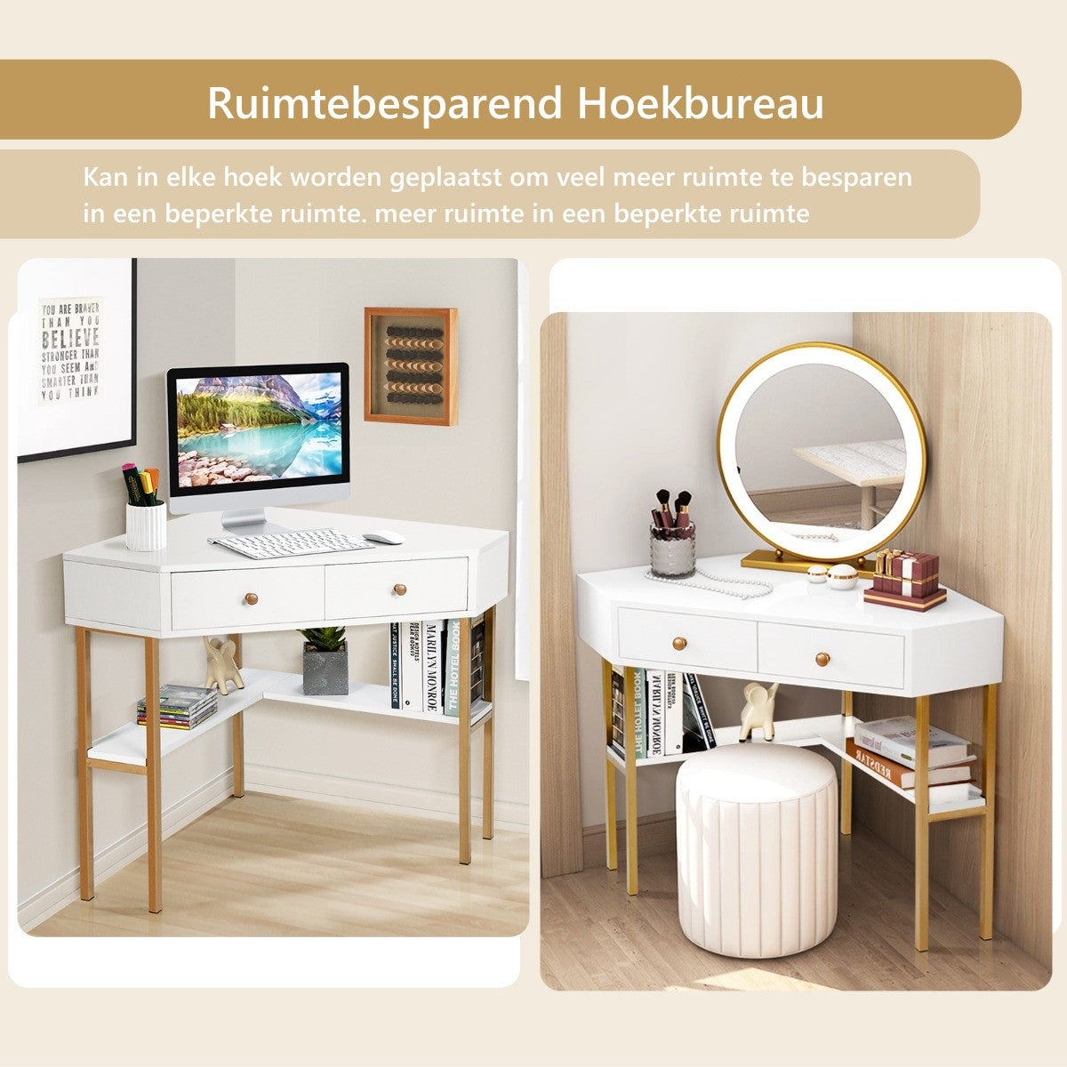 LIVSK Ruimtebesparend Hoekbureau met 2 Lades - Stabiele Stalen Poten - Efficiënt voor Kleine Kamers - Wit