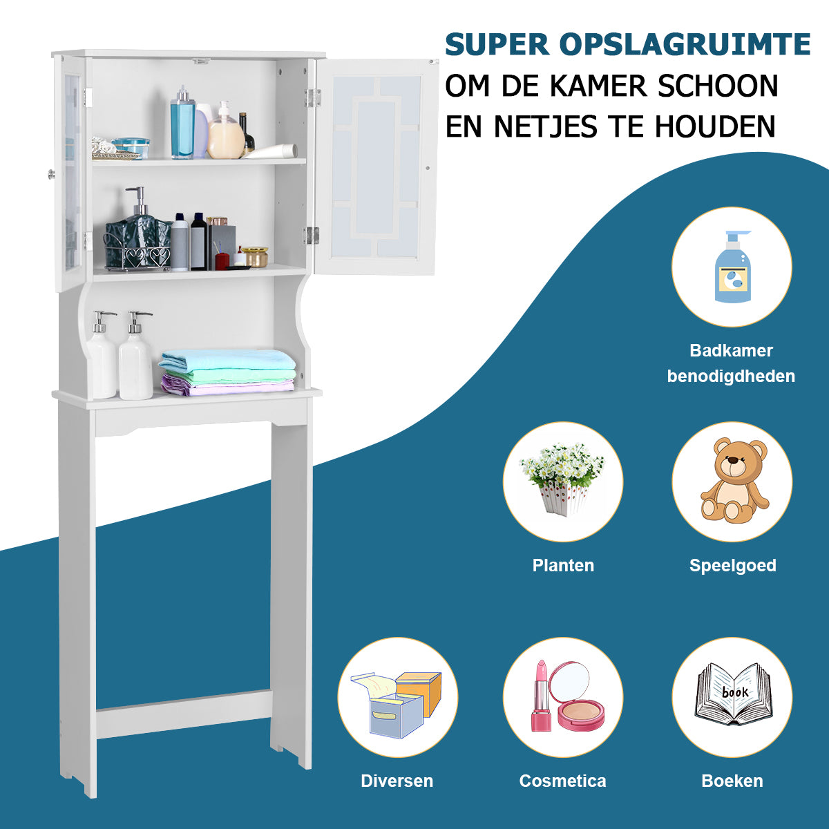 LIVSK Ruimtebesparende Badkamerkast - Verstelbare Plank - Dubbele Glazen Deur - Stevig MDF - 60 x 22 x 170,5 cm - Wit