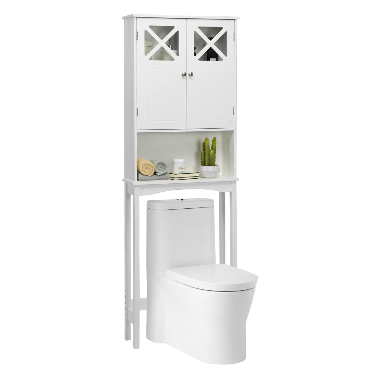 LIVSK Opbergkast voor Boven het Toilet - Dubbele Deur - Verstelbare Plank - Stevig Frame - Badkamer & Wasruimte - Wit