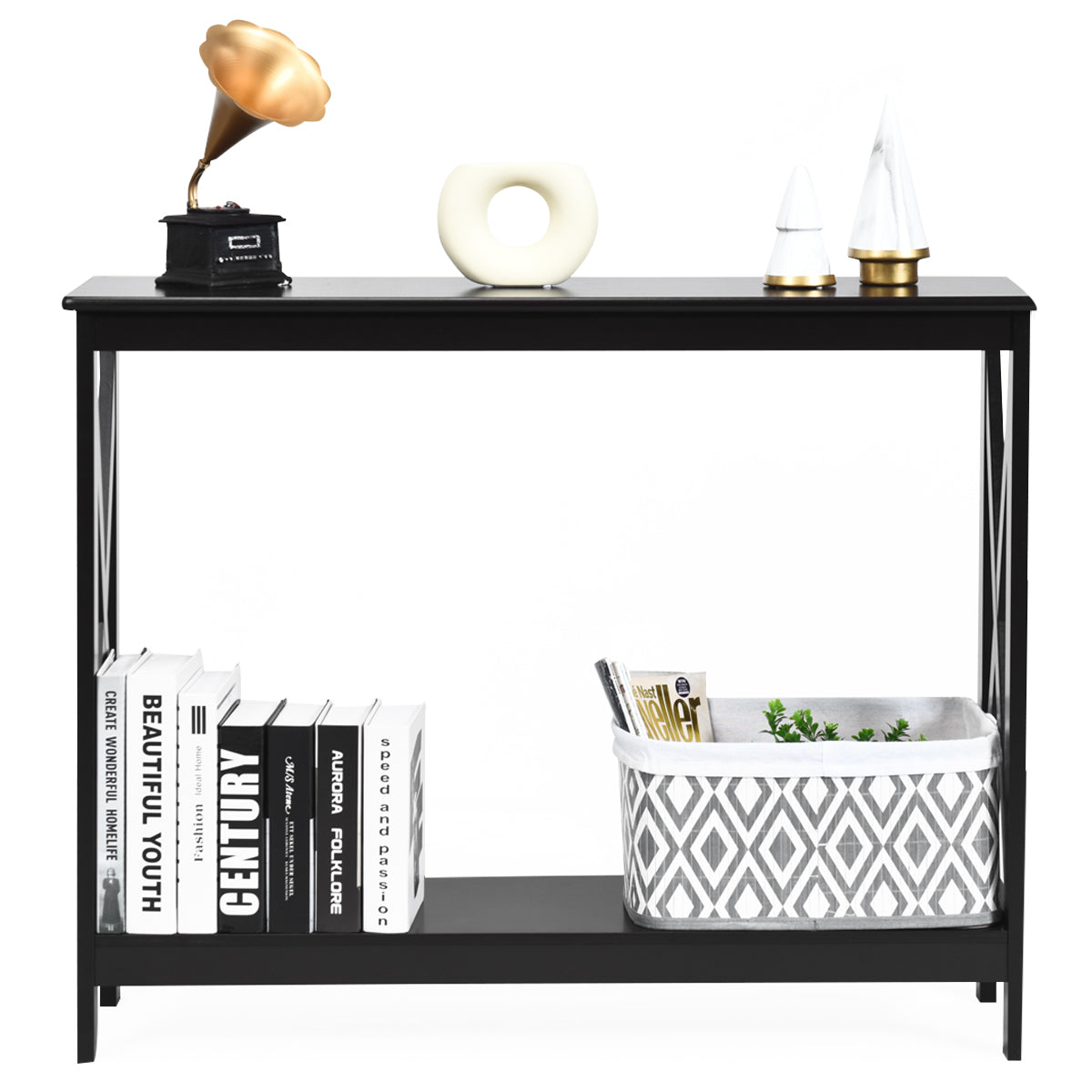 LIVSK Consoletafel met Opbergplank - Stevig MDF - X-vormige Structuur - Multifunctioneel - Eenvoudig Onderhoud - Zwart