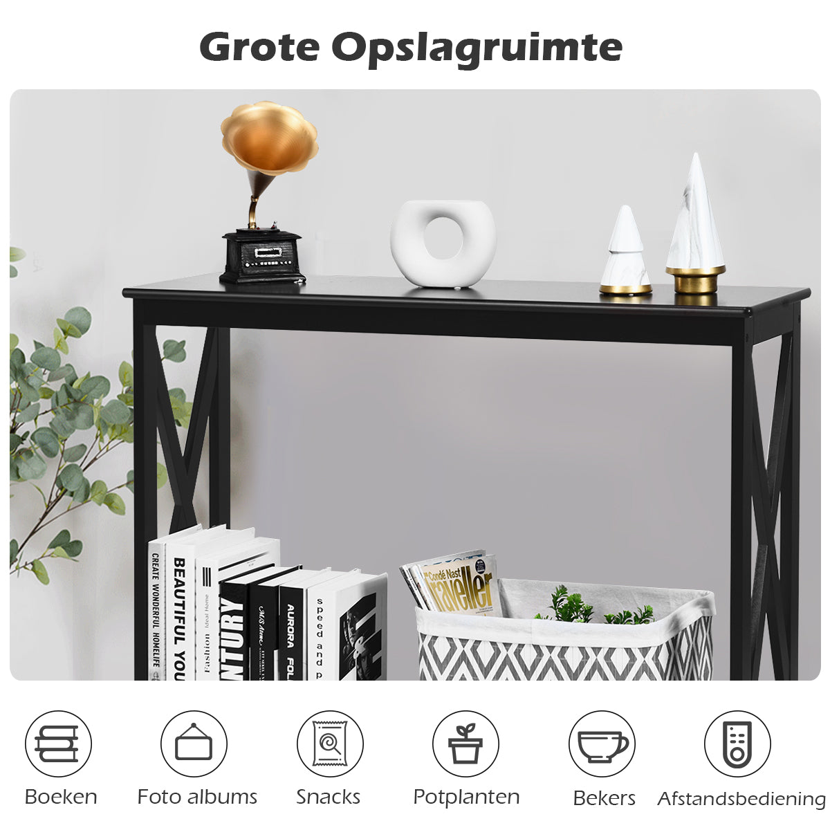 LIVSK Consoletafel met Opbergplank - Stevig MDF - X-vormige Structuur - Multifunctioneel - Eenvoudig Onderhoud - Zwart