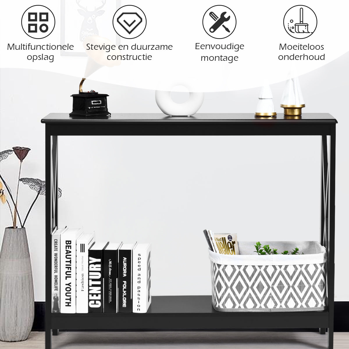 LIVSK Consoletafel met Opbergplank - Stevig MDF - X-vormige Structuur - Multifunctioneel - Eenvoudig Onderhoud - Zwart