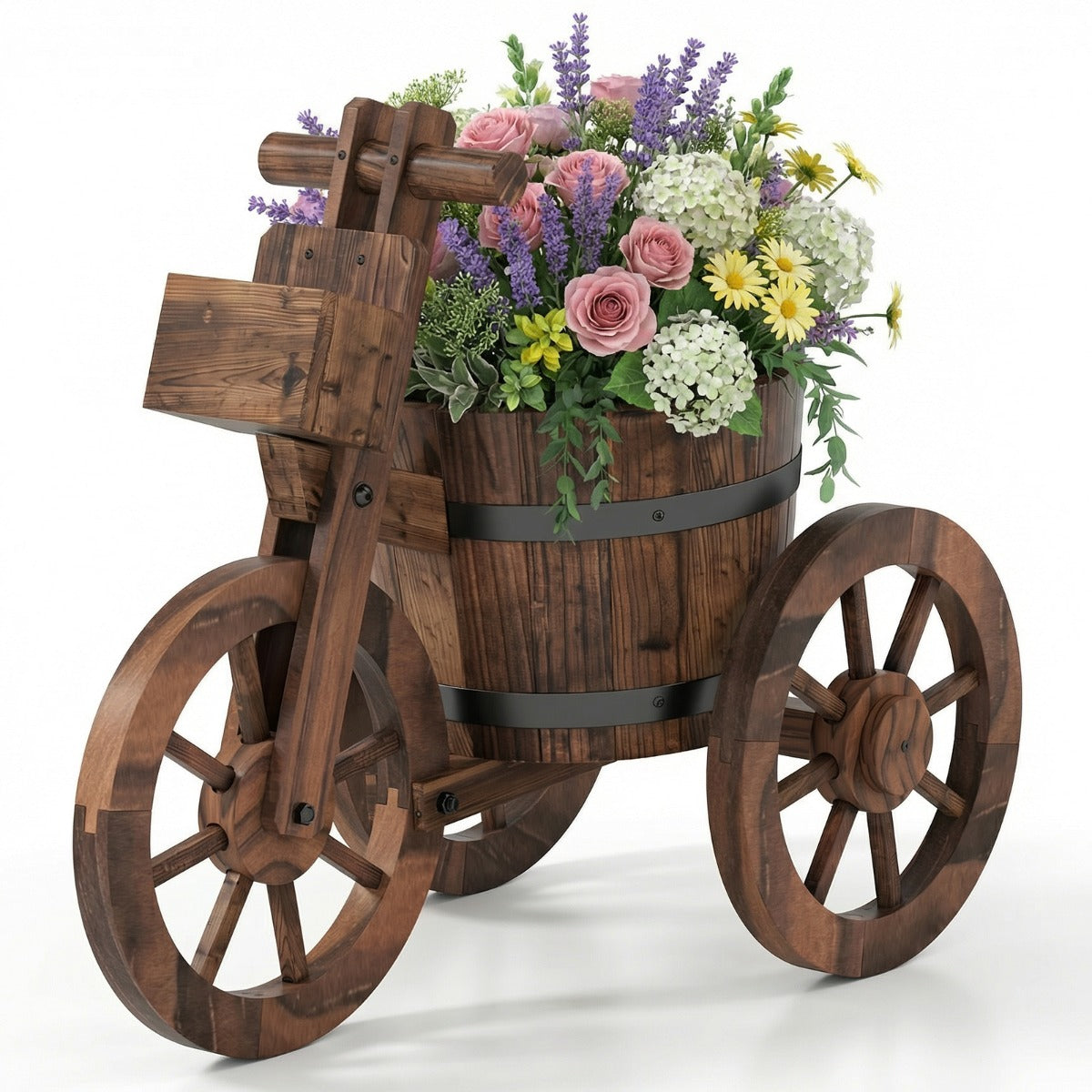 Livsk costway rustieke houten driewieler plantenbak bloemenwagen in tonvorm met afwateringsgat en opbergbox voor groenten en kruiden