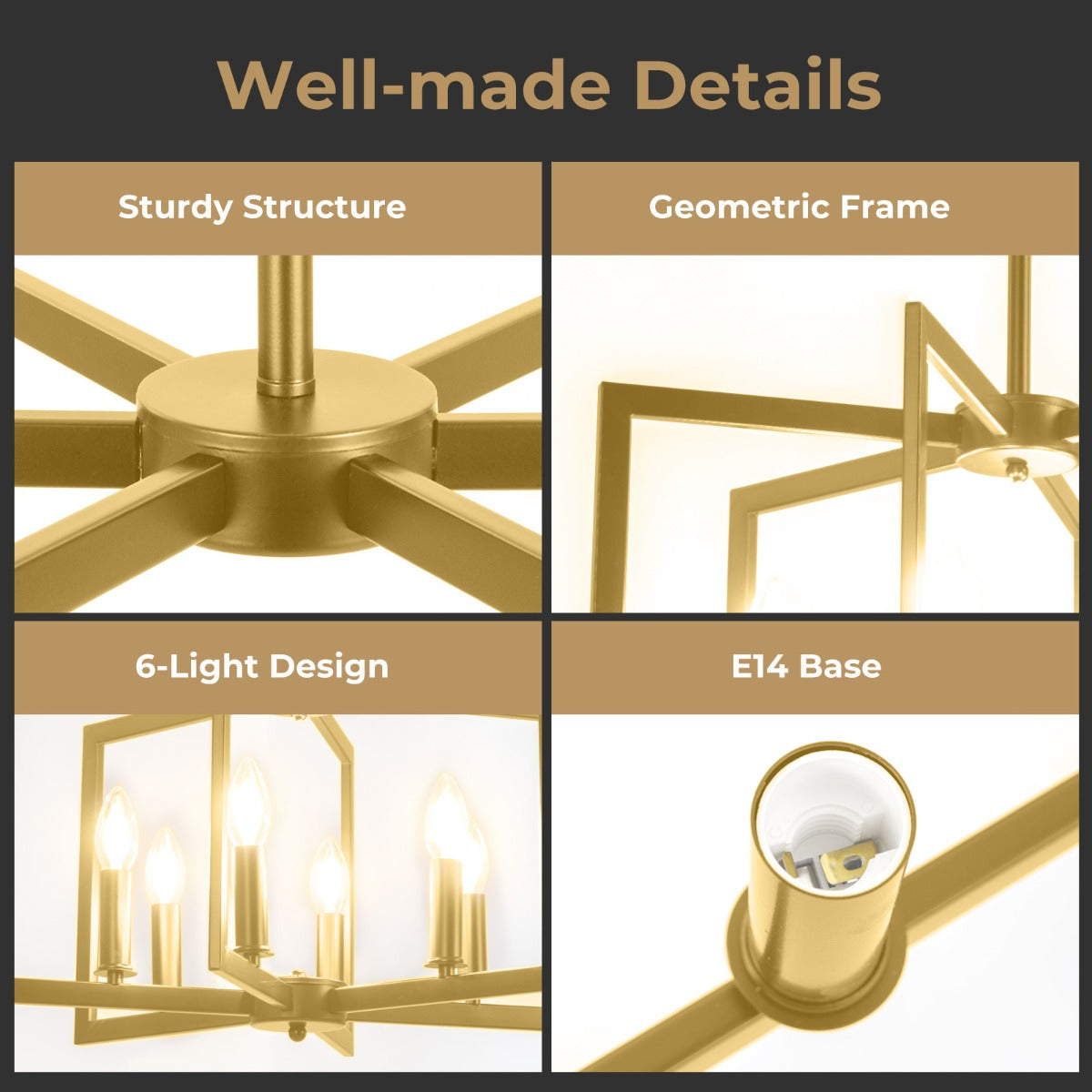 Livsk costway rustieke kroonluchter met 6 lampen geometrische hanglamp met verstelbare hoogte goud 5