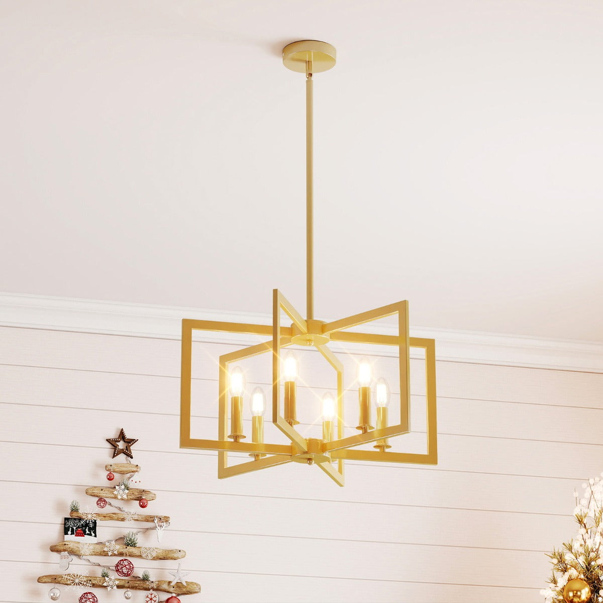 Livsk costway rustieke kroonluchter met 6 lampen geometrische hanglamp met verstelbare hoogte goud 6