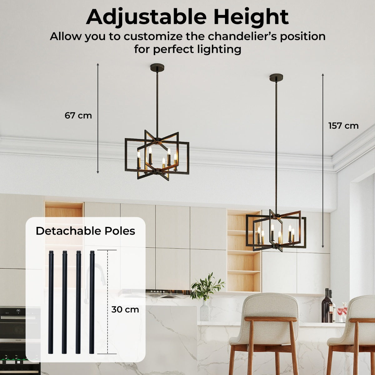 Livsk costway rustieke kroonluchter met 6 lampen geometrische hanglamp met verstelbare hoogte zwart 2