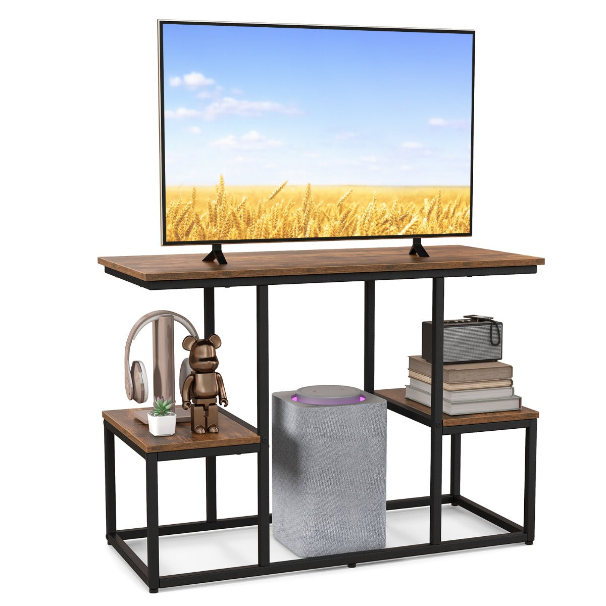 LIVSK Rustieke TV-Consoletafel voor 50-Inch TV - Stevig Metaal met Houtnerfblad - 2 Zijplanken - Verstelbare Voetsteunen - Zwart