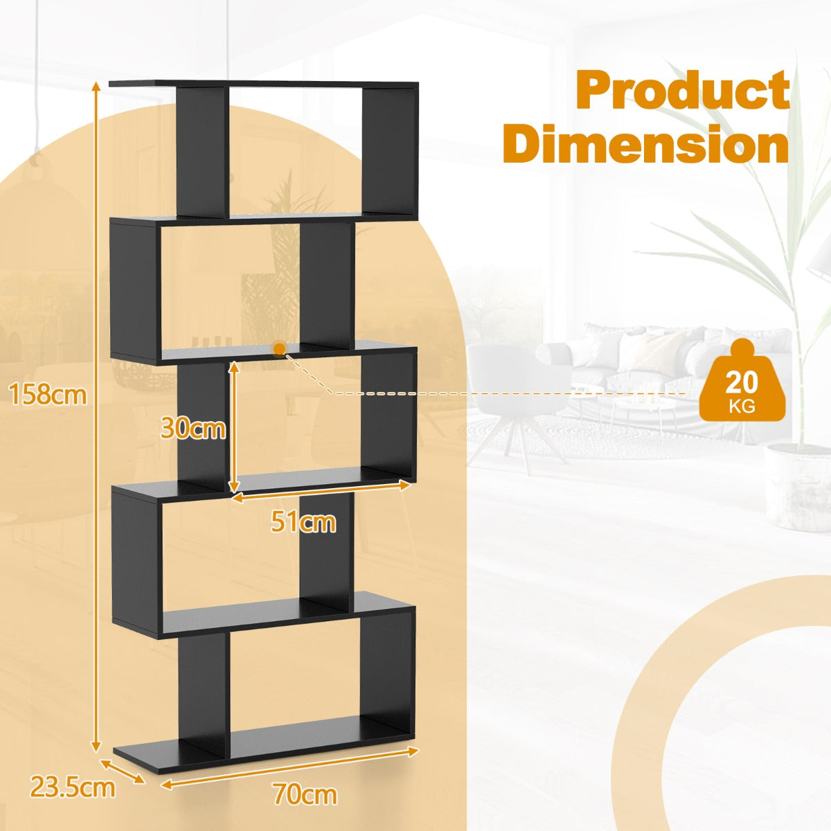 LIVSK Geometrische Boekenkast - 5 Open Legplanken - Antikantel - Duurzaam Gelamineerd Hout - 70 x 23,5 x 158 cm - Zwart