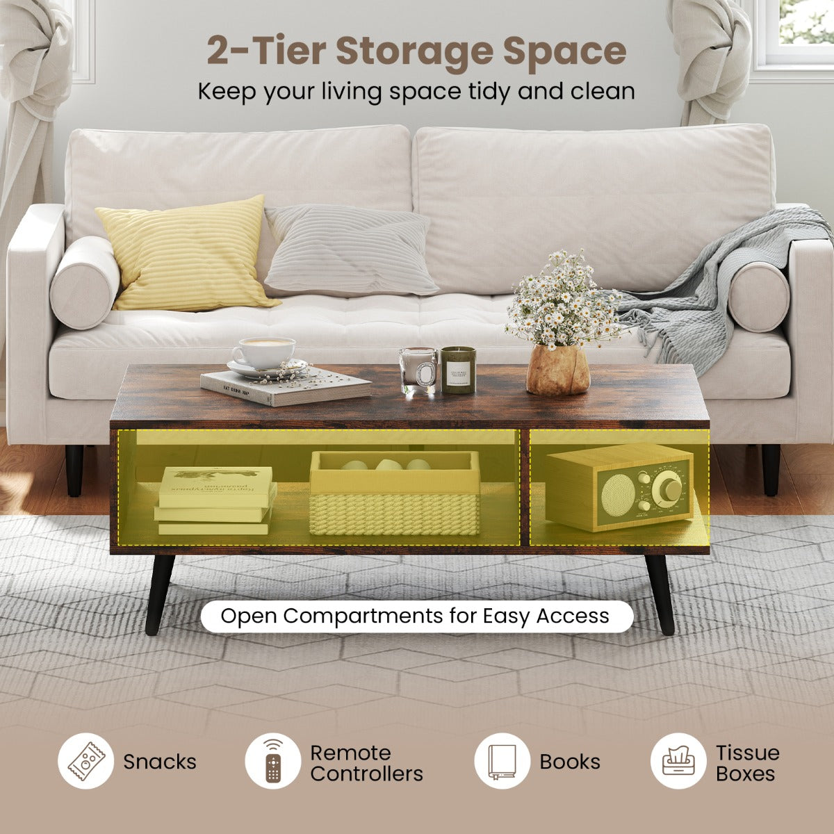 LIVSK Multifunctionele Salontafel - 2-laags Ontwerp met Ruime Opbergruimte - Sterke Metalen Poten - 80 x 45 x 30 cm - Rustiek
