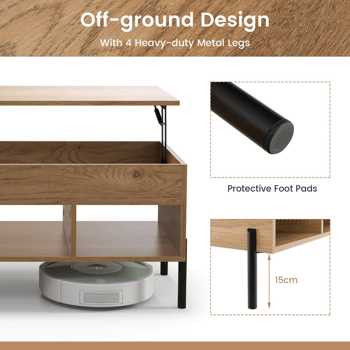 LIVSK Verstelbare Salontafel - Pneumatisch Hefmechanisme - Veel Opbergruimte - Hoogte 45-60 cm - Hout - Natuur