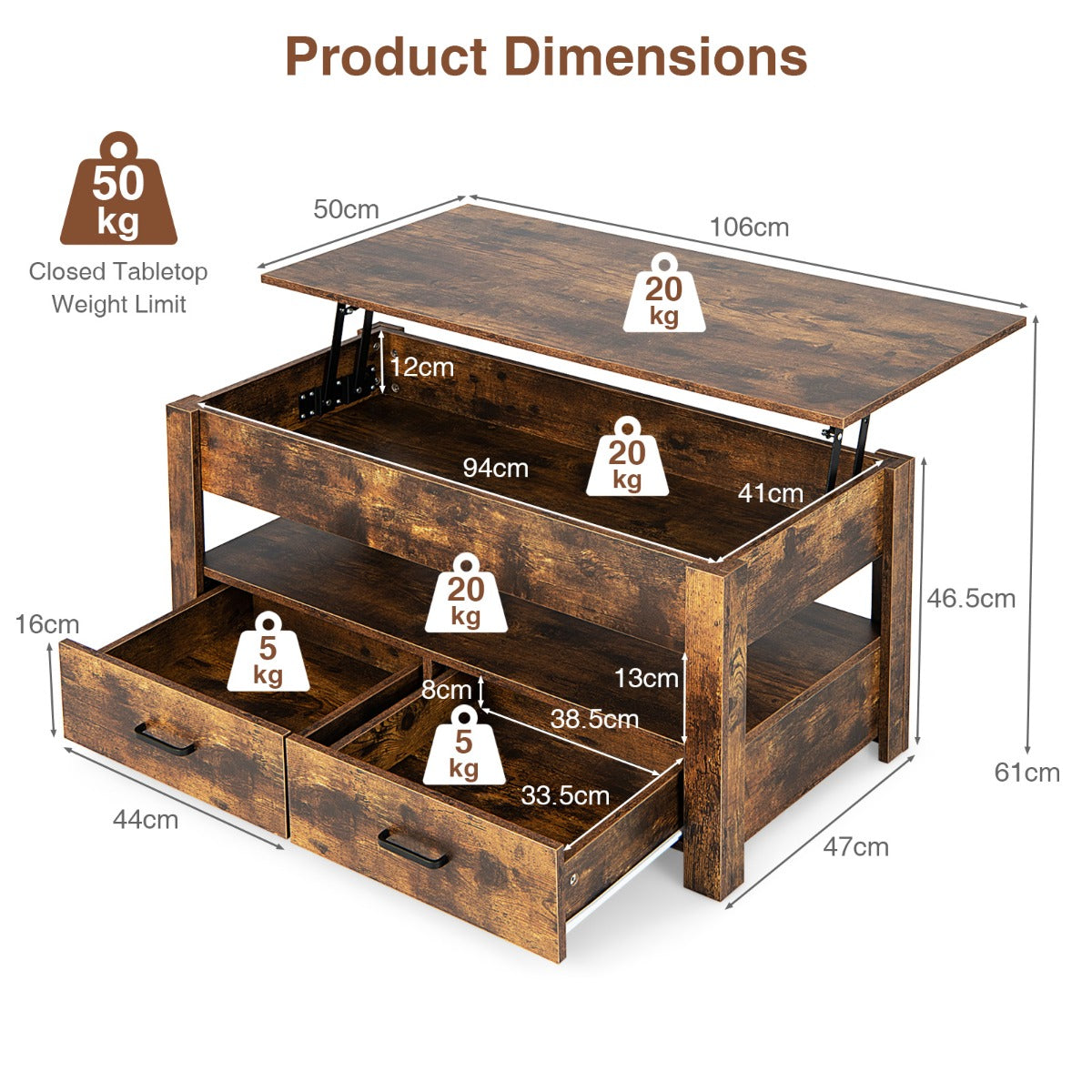LIVSK Verstelbare Salontafel met Hefplaat - Ergonomisch en Ruime Opbergruimte - Duurzaam Hout - 106 x 50 x 48 cm - Rustiek bruin