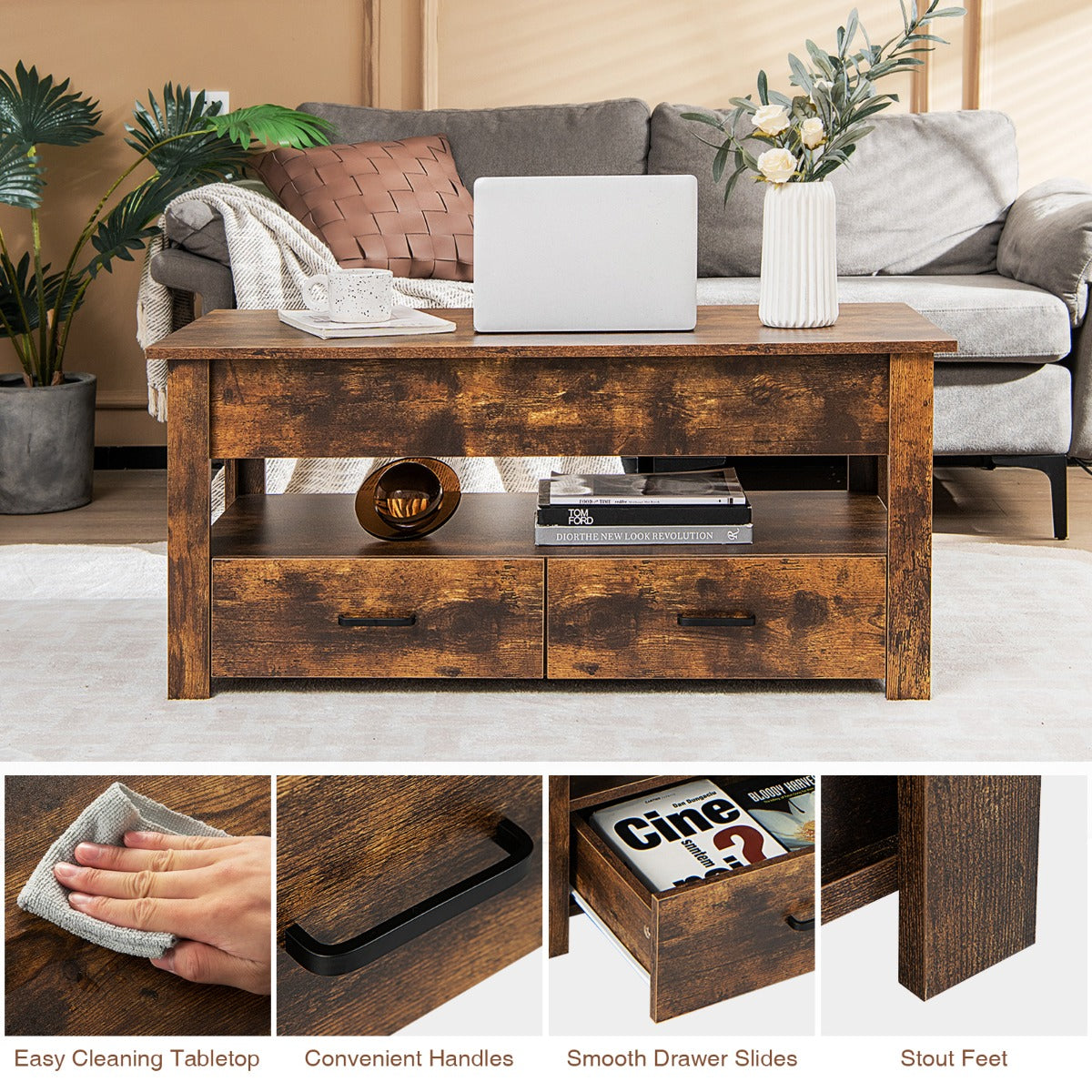 LIVSK Verstelbare Salontafel met Hefplaat - Ergonomisch en Ruime Opbergruimte - Duurzaam Hout - 106 x 50 x 48 cm - Rustiek bruin