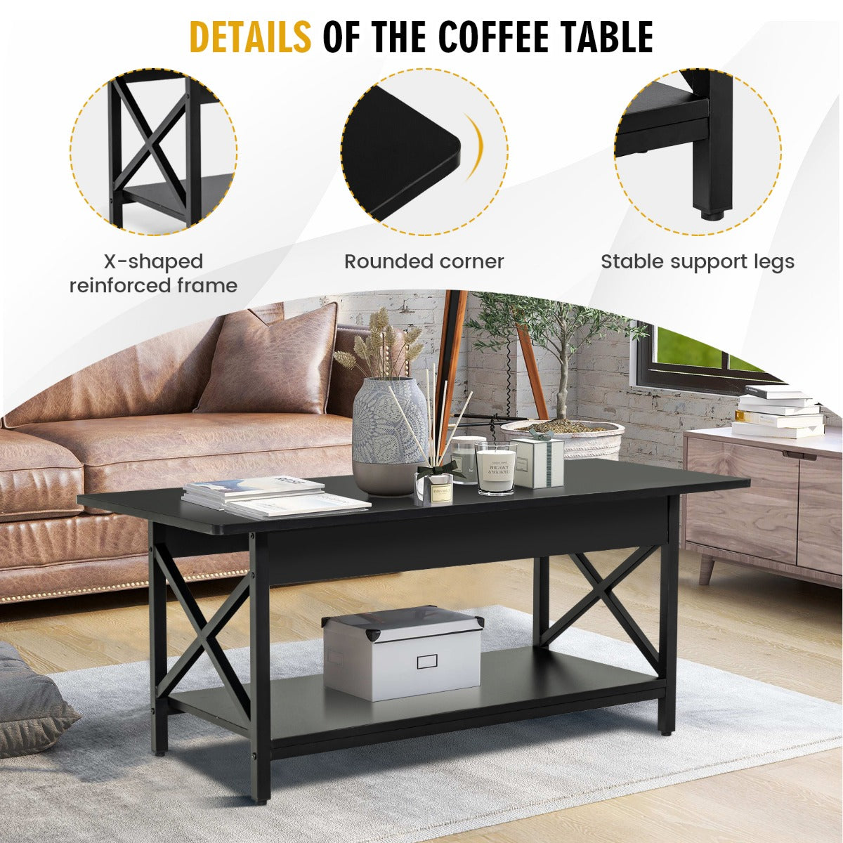 LIVSK Industriële Retro Salontafel - Duurzaam Metaal - Ruime Opbergruimte - Poedercoating - 110 x 60 x 48 cm - Zwart
