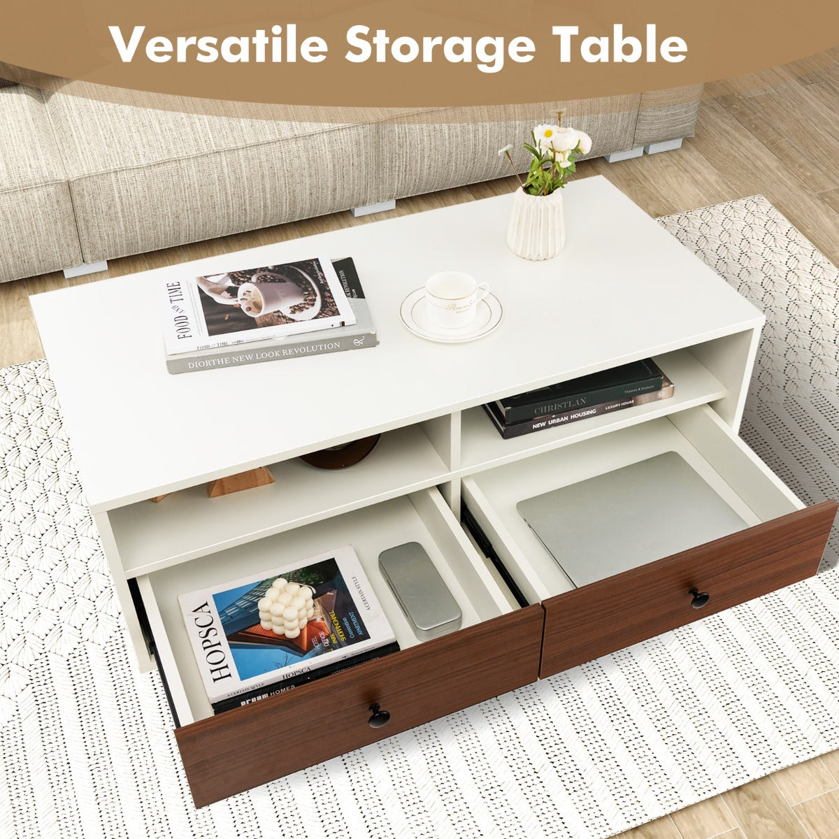 LIVSK Colourblock Salontafel met Opbergruimte - Meertraps Design - Hoogwaardig MDF - Tot 90 kg - Wit en Bruin