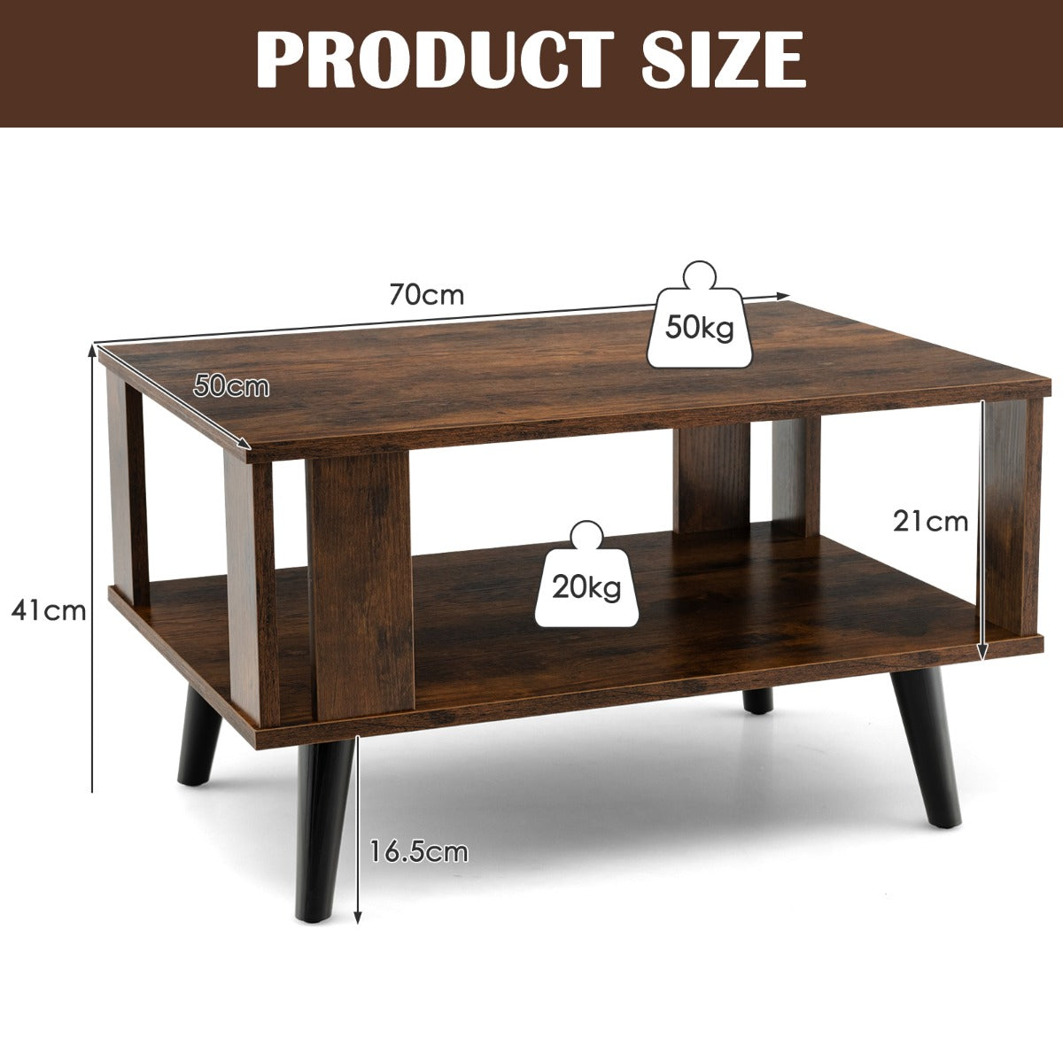 LIVSK Industriële Salontafel - 2-laags Opbergruimte - Houten Tafel voor Woonkamer - 70 x 50 x 41 cm - Rustiek bruin en zwart
