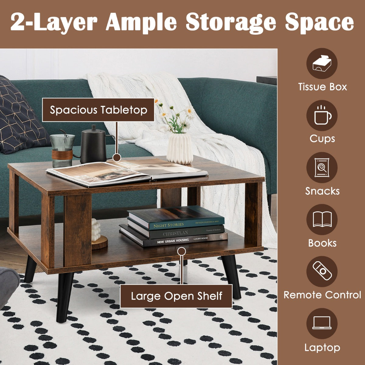 LIVSK Industriële Salontafel - 2-laags Opbergruimte - Houten Tafel voor Woonkamer - 70 x 50 x 41 cm - Rustiek bruin en zwart