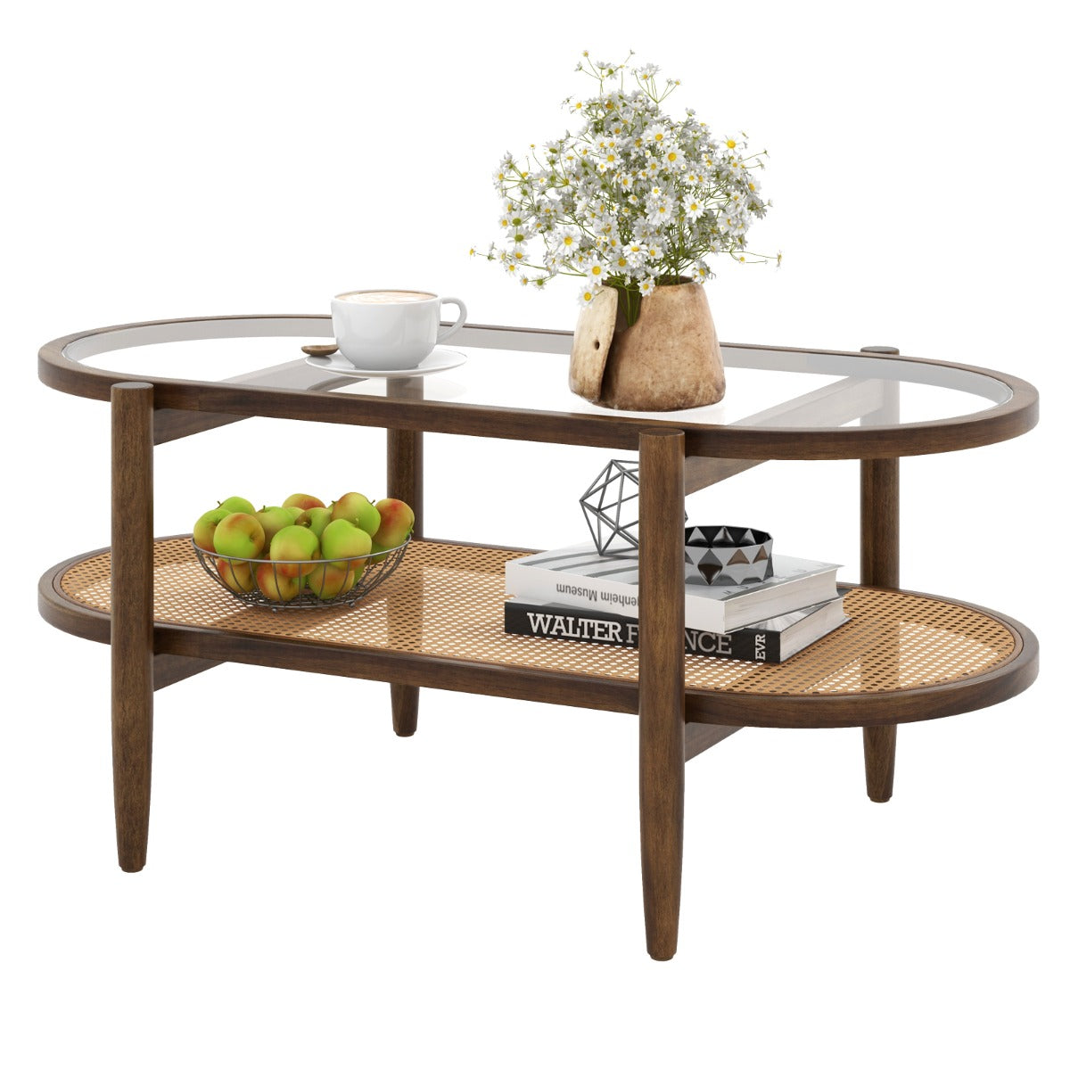 LIVSK Salontafel met 2 Niveaus - Massief Houten Frame - Hittebestendig Gehard Glas - PE-Rotan - 102 x 56 x 47 cm - Bruin