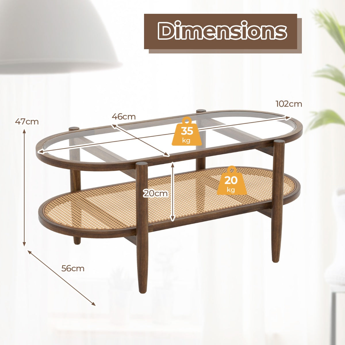 LIVSK Salontafel met 2 Niveaus - Massief Houten Frame - Hittebestendig Gehard Glas - PE-Rotan - 102 x 56 x 47 cm - Bruin