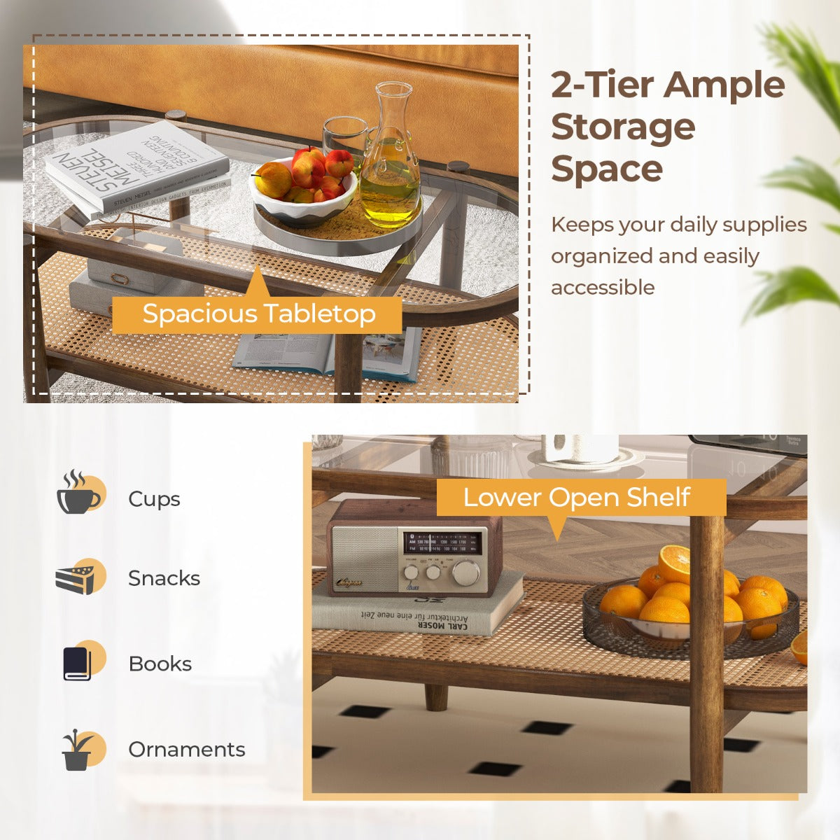 LIVSK Salontafel met 2 Niveaus - Massief Houten Frame - Hittebestendig Gehard Glas - PE-Rotan - 102 x 56 x 47 cm - Bruin