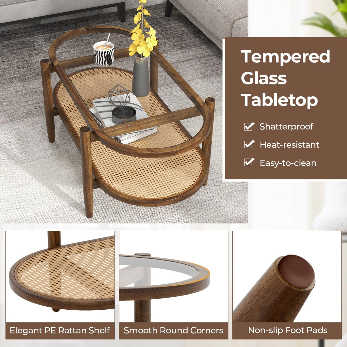 LIVSK Salontafel met 2 Niveaus - Massief Houten Frame - Hittebestendig Gehard Glas - PE-Rotan - 102 x 56 x 47 cm - Bruin