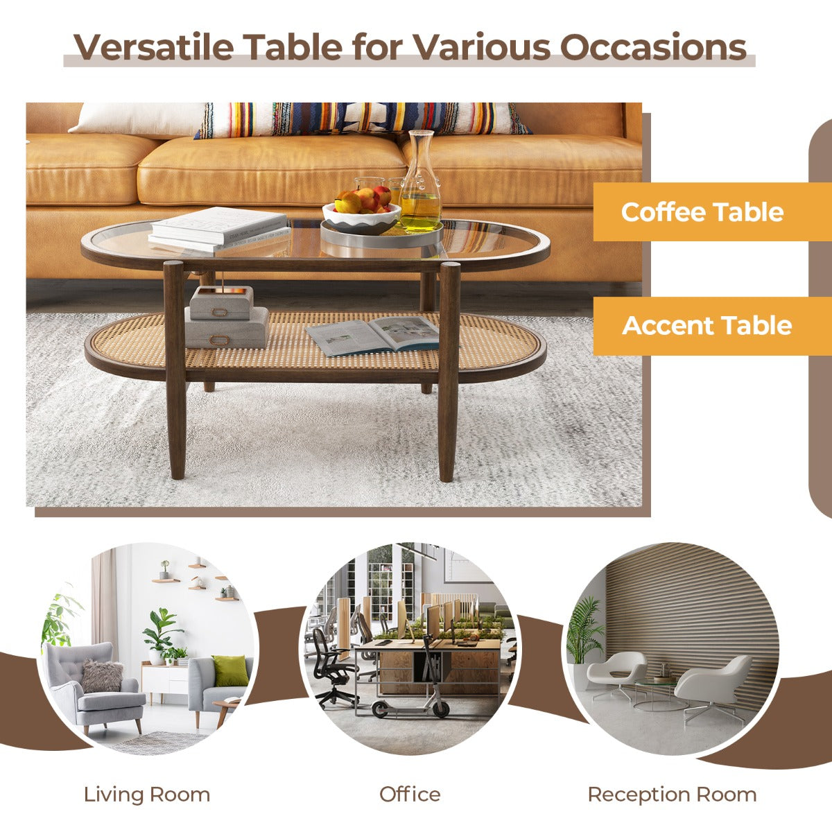 LIVSK Salontafel met 2 Niveaus - Massief Houten Frame - Hittebestendig Gehard Glas - PE-Rotan - 102 x 56 x 47 cm - Bruin