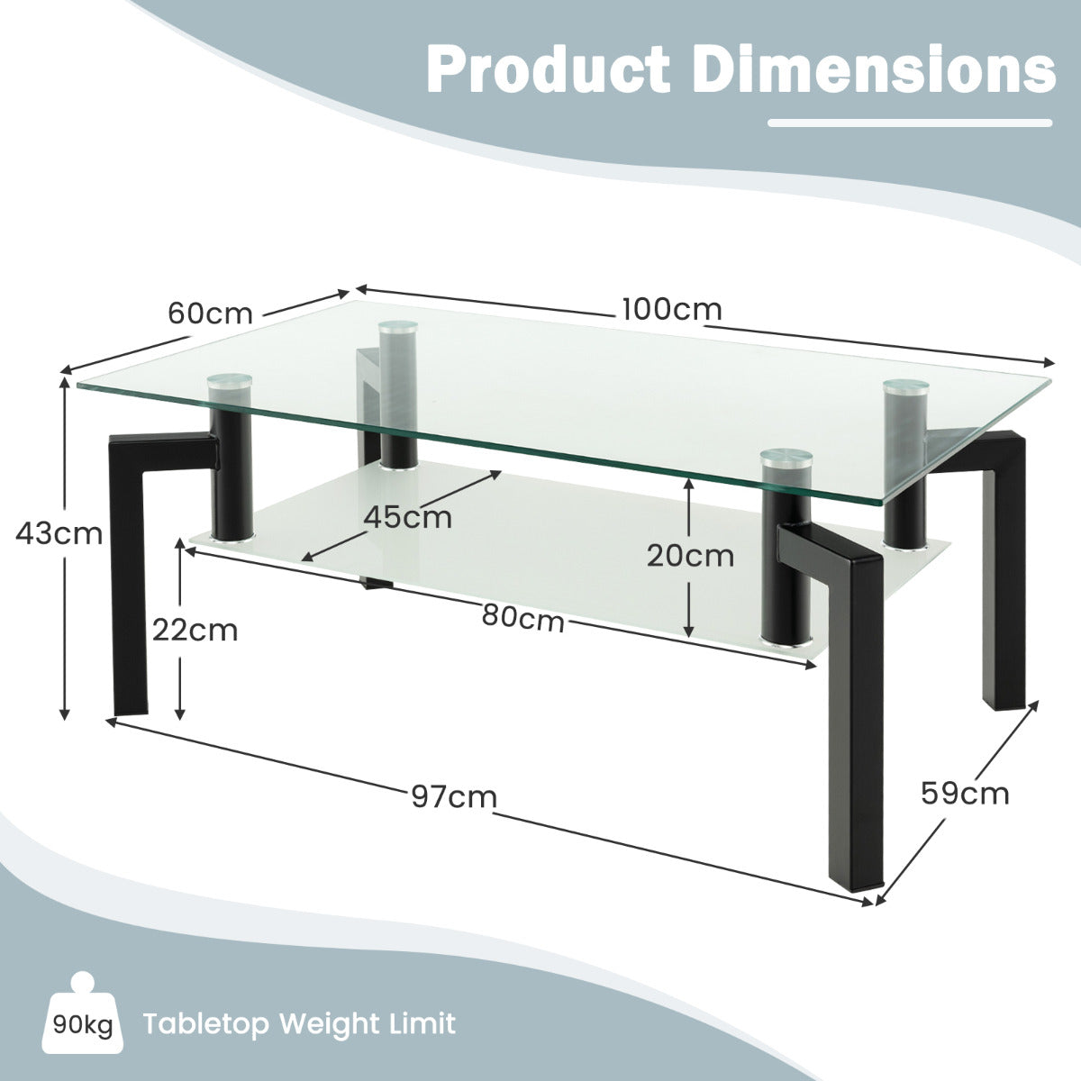 LIVSK 2-traps Salontafel - Gehard Glas - Zwart Metalen Frame - Ruim Tafelblad - Draagkracht tot 90 kg - 100 x 60 x 43 cm - Zwart