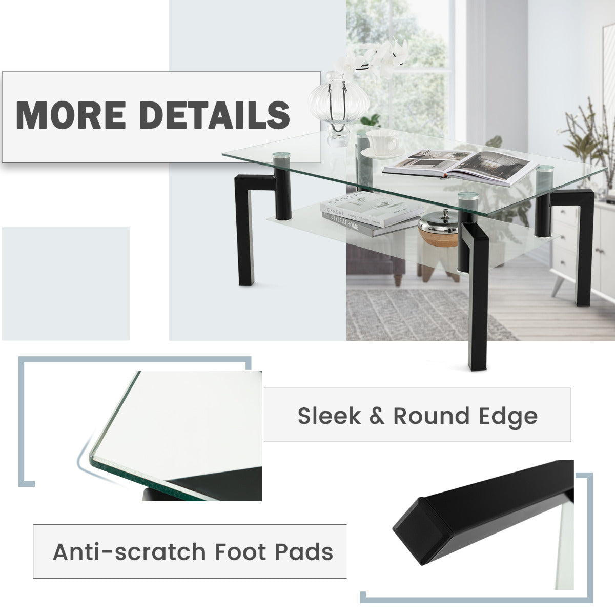 LIVSK 2-traps Salontafel - Gehard Glas - Zwart Metalen Frame - Ruim Tafelblad - Draagkracht tot 90 kg - 100 x 60 x 43 cm - Zwart