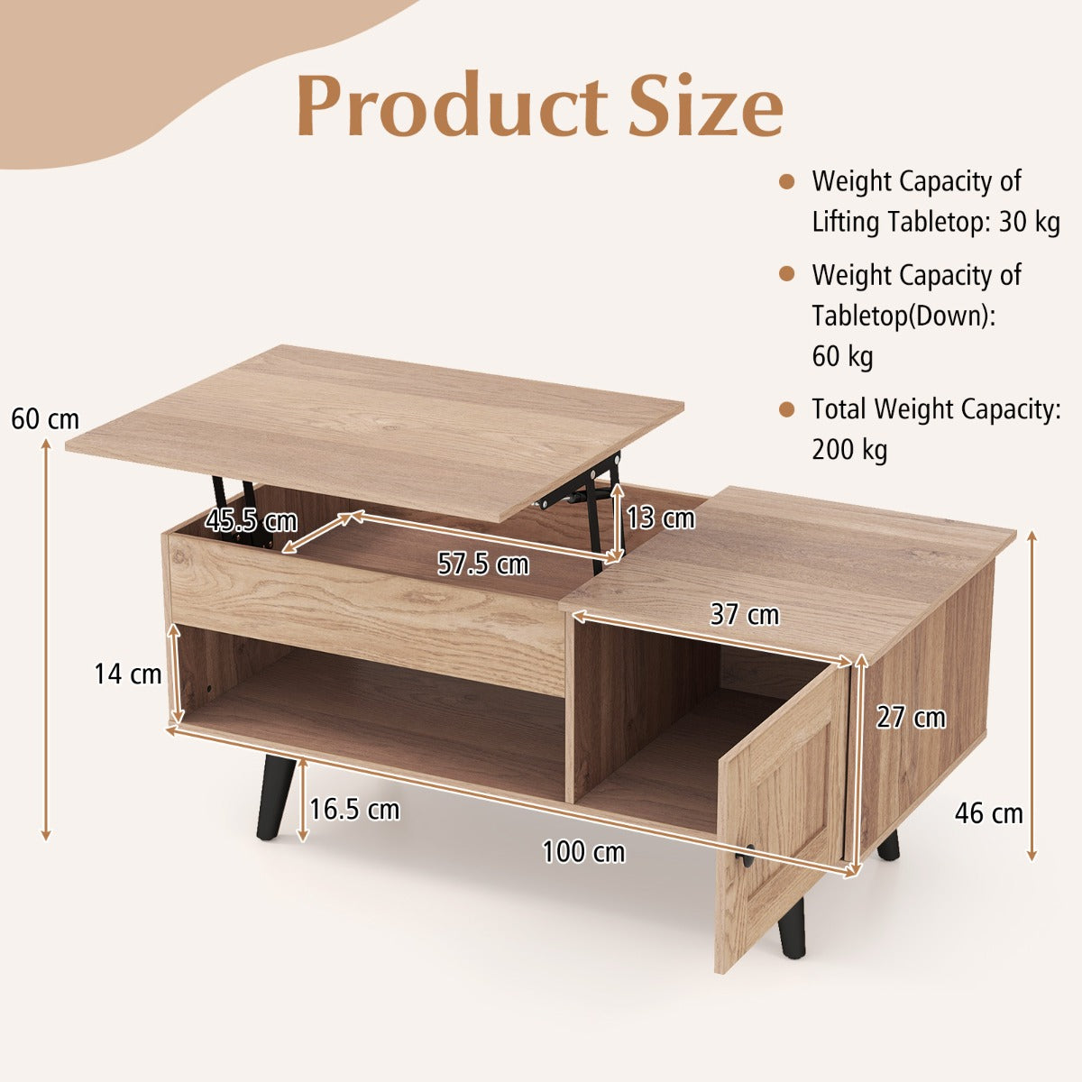 LIVSK Salontafel met Liftblad - Verstelbaar van 46 tot 60 cm - Verborgen Opbergruimte - Duurzaam Hout - Natuurlijke