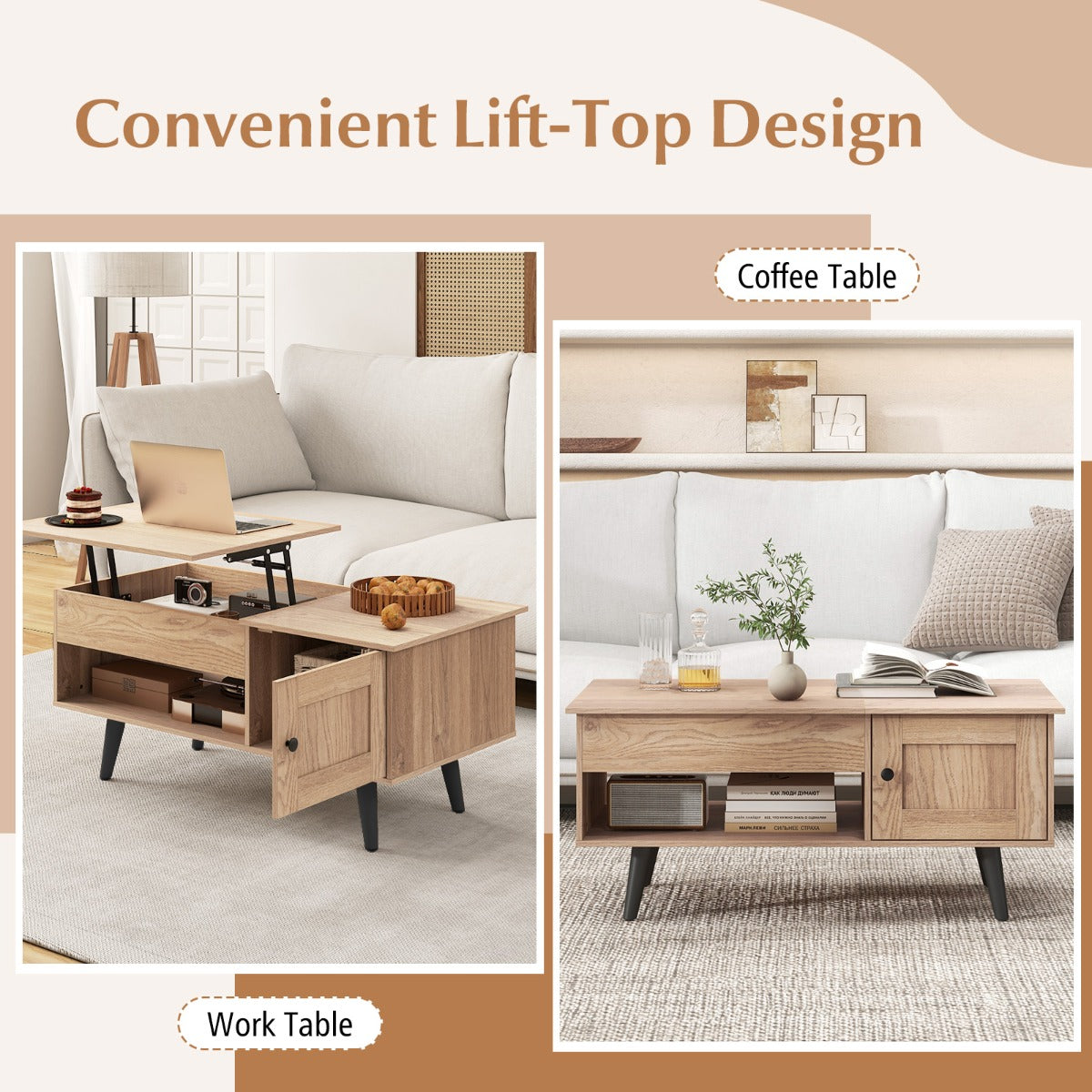 LIVSK Salontafel met Liftblad - Verstelbaar van 46 tot 60 cm - Verborgen Opbergruimte - Duurzaam Hout - Natuurlijke