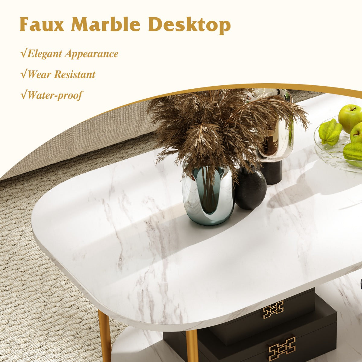 LIVSK Multifunctionele Salontafel - Imitatiemarmer Blad - Gouden Frame - 2-laags Ontwerp - Duurzaam - 100 x 50 x 45 cm - Wit +